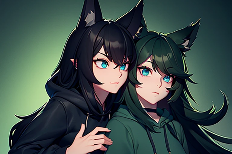 Female, black hair, dark green highlights, straight long hair, wolf ears, blue eyes, green hoodie, black jeans, bedroom