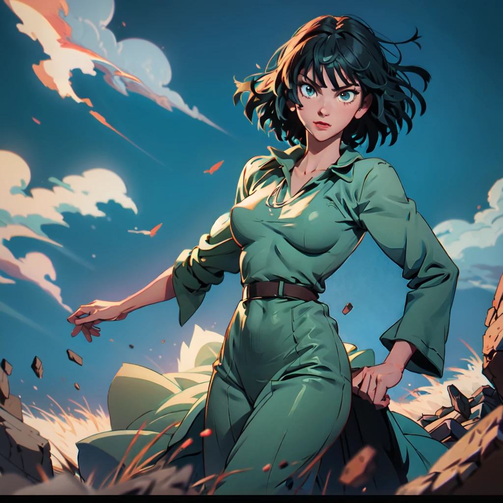 Anime art style, Fubuki from one punch man, green hair, white skin, wearing V-neck dress, flying over destroyed rock, cinematic lights, blushing cheeks, ligth smiling, detailed small breast, wide hips, NSFW, cowboy shot.
