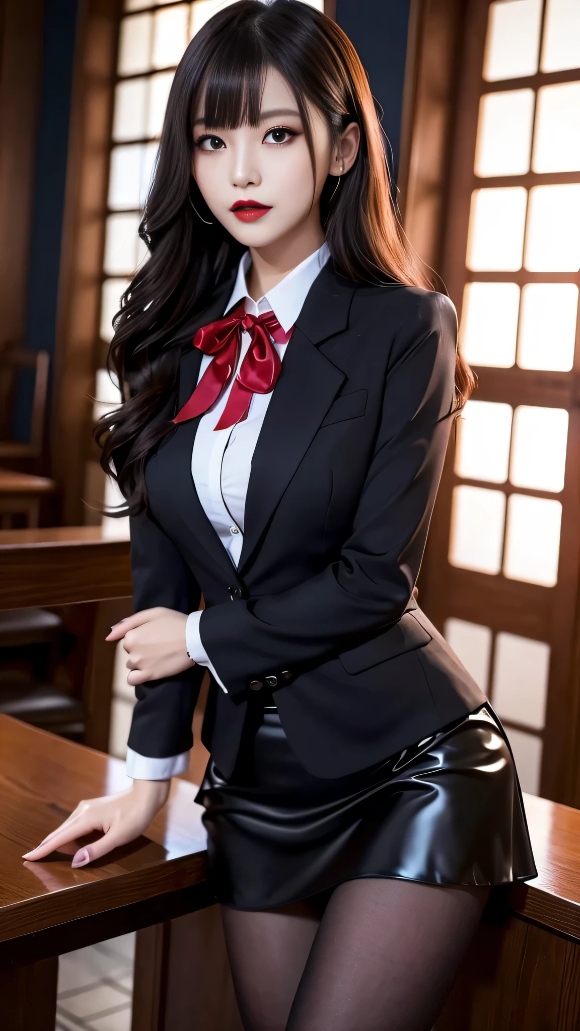 sixteen years old, Korean Women、Kpop Idol、blazers、neck tie、a miniskirt、Sit on a stool、((Spread your legs apart))、((The skirt flips up))、((Red underwear is fully visible)), long scattered blonde hair、large full breasts、skiny、full body Esbian、Hands on the head、Hyper-detailing、masterpiece、perfect bodies。