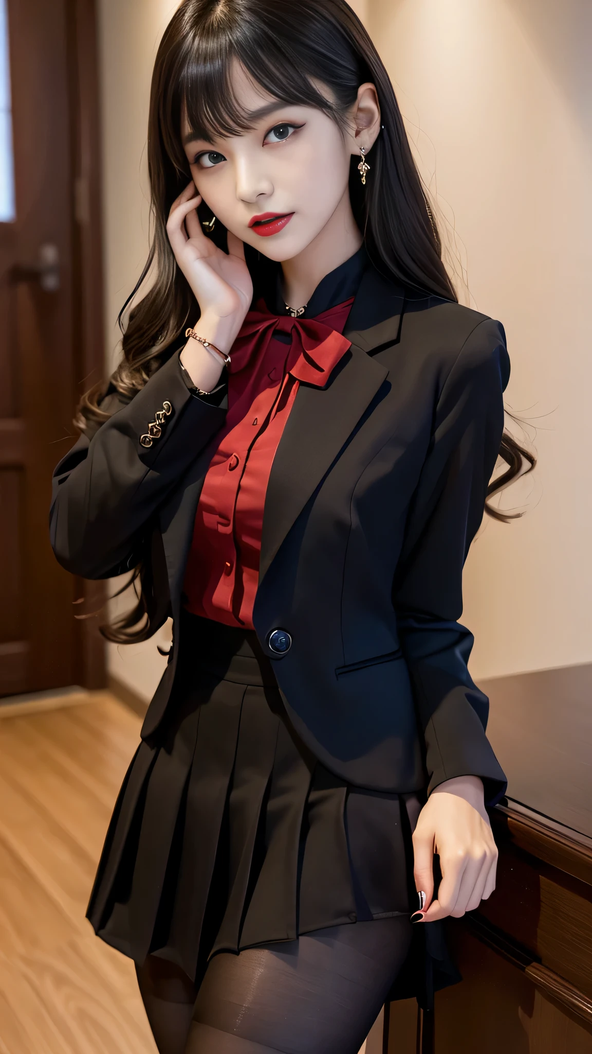 tra-detailed、Japanese、Attractive beauty、seductive adult woman、Pretty Woman、piercing eyes、cool girl、wavy hair、swept bangs、suit、Jacket、blouse、ribbon、Tight Skirt、pantyhose、Shiny beautiful legs、Evil cadres、Fallen into evil、brainwash、mind control、lipstick、Lip gloss、dark makeup、smirk、Evil expression、evil、hollow eyes,half-closed eyes、Hollow Eyes、evil、Night room、Church at night、Vampire、Succubus、vampire、Swear allegiance、Are standing