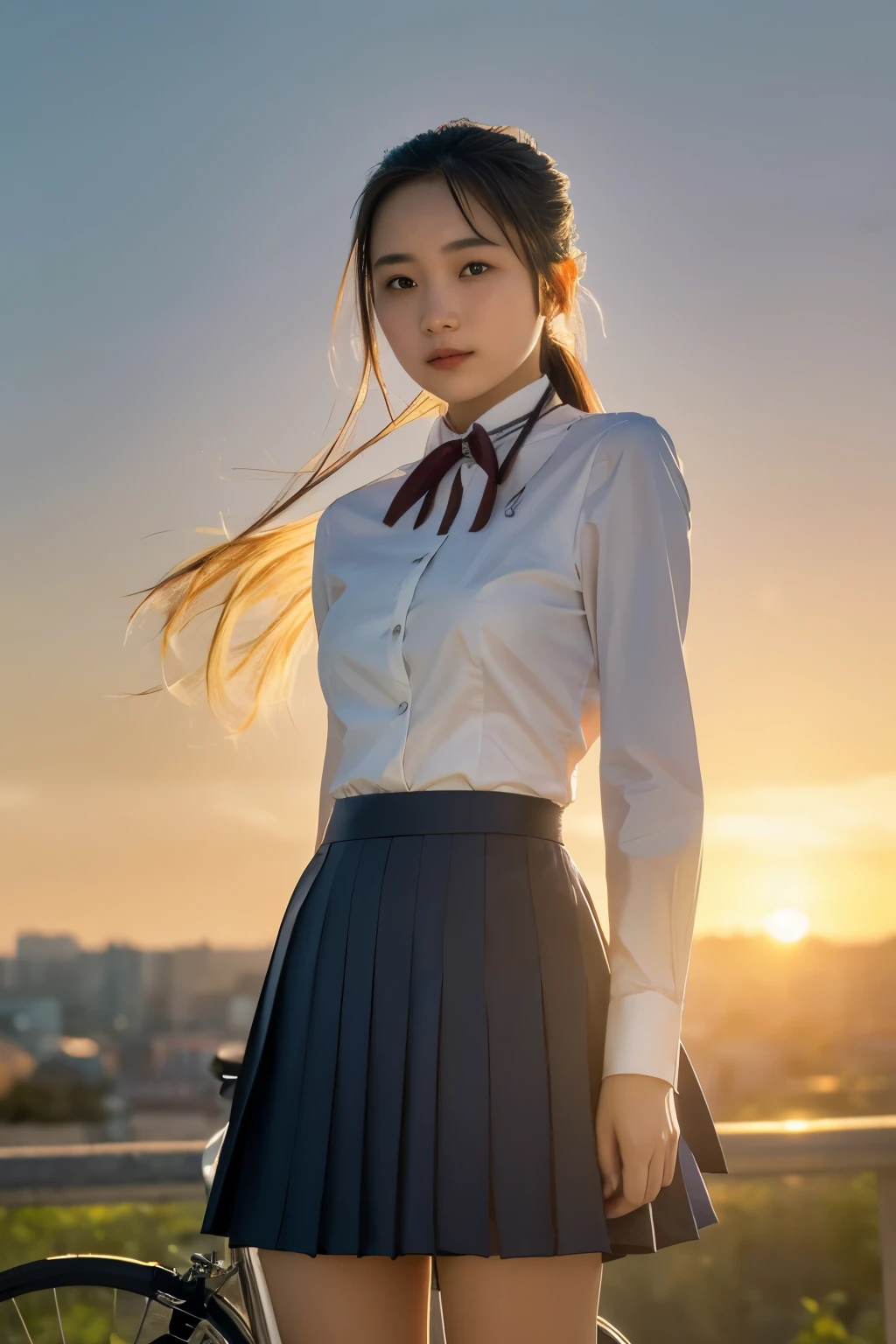 "The evening sun casts a gentle light on her uniform.、Please give a detailed description of a Japanese high school girl in uniform commuting to school by bicycle.。

Her uniform is neat and tidy.、It shines beautifully in the light of the setting sun.。The uniform blazer is deep blue.、There is a white collar on the chest。The buttons on the blazer are golden、It reflects the light of the setting sun and gives off a faint glow.。

The skirt of the uniform is knee-length、Swaying gracefully in the evening breeze。The pleats on the skirt create a neat line.、It really highlights her beautiful legs.。The hem of the skirt is decorated with fine lace.、It brings out her feminine charm。

Under her uniform she wears a white blouse.、Gives a clean feeling。The collar of the blouse is neatly folded.、It enhances the dignity of the entire uniform.。Her delicate wrists are visible through the cuffs of her blouse.、Her graceful hand movements stand out even more.。

The ribbons and ties on her uniform are accents that express her individuality.。The ribbon is tied daintily around her neck、The tie is tightly fastened。Both match the uniform colors.、It enhances her pure atmosphere.。

Her uniform expresses the neatness and dignity of a Japanese high school girl.、It shines even more beautifully in the sunset。""The evening sun casts a gentle light on her soft skin.、Please give a detailed description of a Japanese high school girl in uniform commuting to school by bicycle.。 Her face was filled with a gentle smile、It shines beautifully in the light of the setting sun.。Her skin is healthy and、The orange of the sunset gives depth to the skin.、It gives off a gentle glow。 Her eyes are big and shining.、It has a light brown color like a sunset.。Her eyes are full of vitality、I gaze intently at the surrounding scenery.。The eyelashes are long and thick、The way it sways in the wind makes her eyes look even more attractive.。 Her eyebrows are thin and naturally shaped.、It brings out a calm look。The nose is small and neat、It reflects the light of the setting sun and gives off a faint glow.。 Her mouth is filled with a soft smile、It shines in the light of the setting sun。Lips are pink、Gives a plump and healthy look。Her smile is what everyone around her sees.々give a happy feeling to、Spreading a warm light in the twilight。 Her hair is black and soft、It flutters in the evening breeze and gently wraps around her face.。Her hair is decorated with small flowers and ribbons.、It complements her cuteness.。Her features are elegant and feminine、It shines even more in the sunset。"

