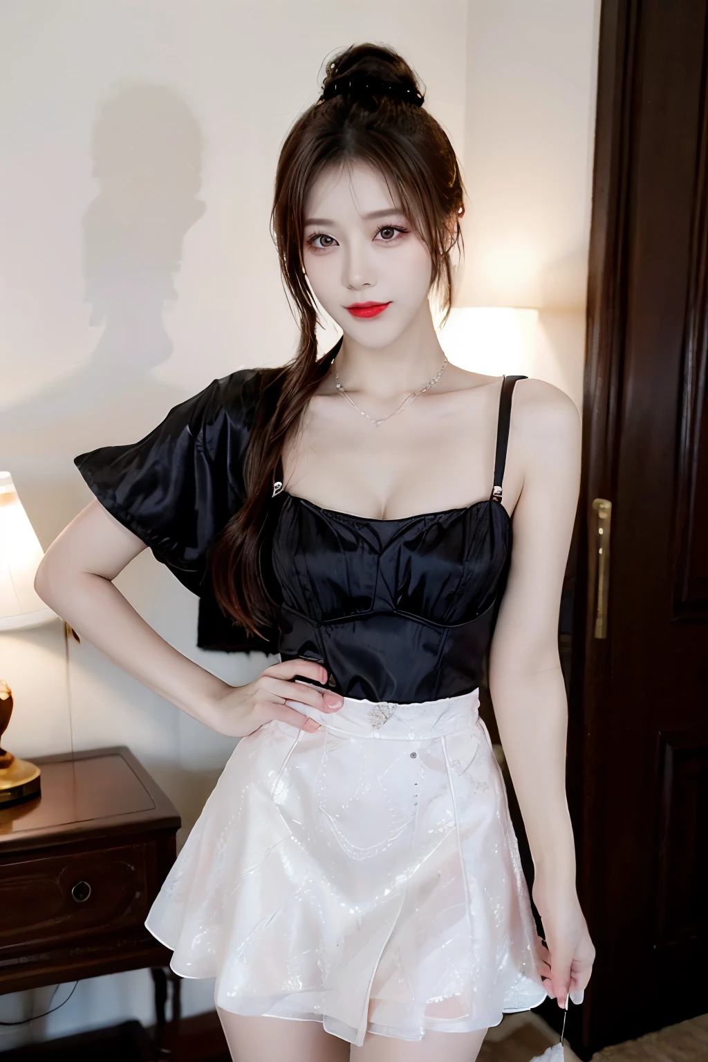 8k, masterpiece, 1 girl, beautiful face, white skin, very long hair, light makeup, detailed eyes, detailed lips, small breasts tight, realistic detailed, very detailed dress, princess dress, (black dress:1.4), (wearing jewellery:1.5), (lace:1.4), ((stage background)), attractive poses,