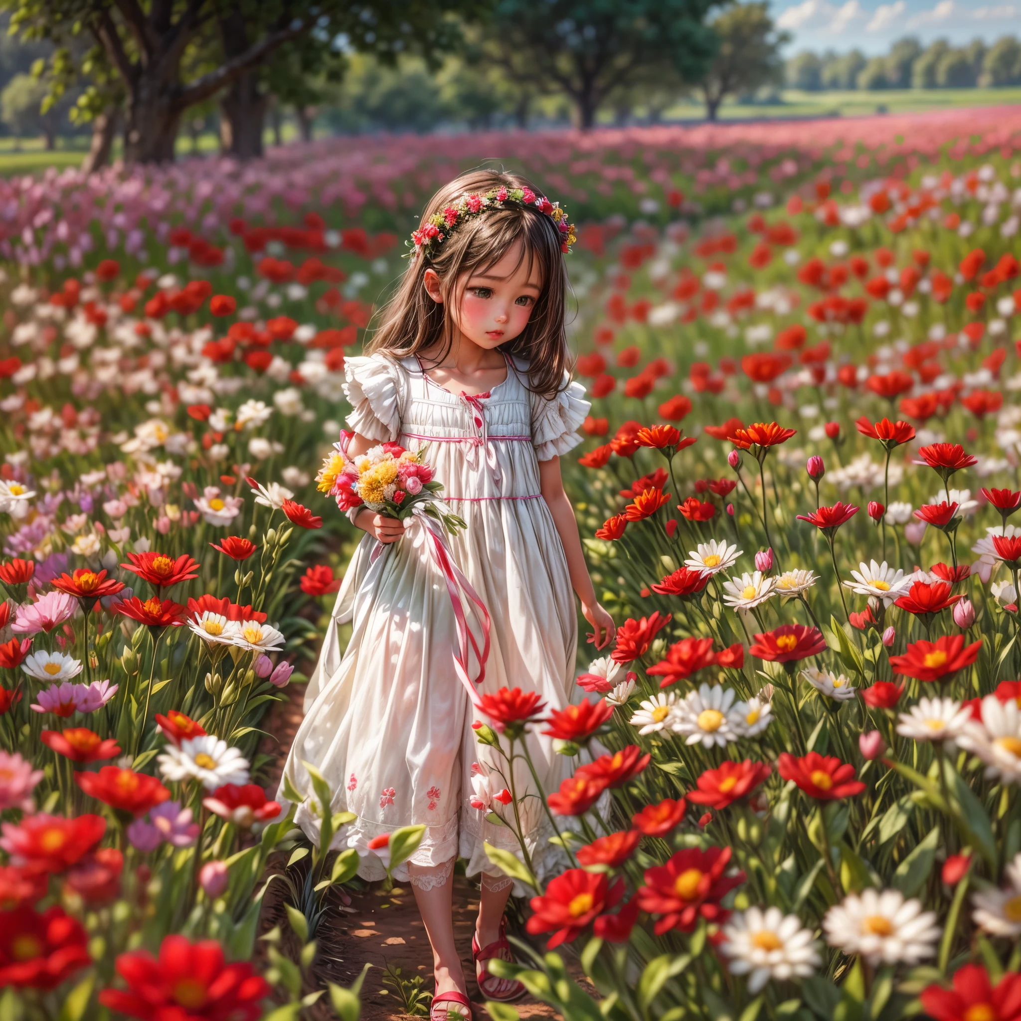 there is a girl in a red and white dress holding a bouquet, girl in flowers, picking flowers, holding flowers, picking up a flower, girl standing in flower field, girl standing in a flower field, flowers on heir cheeks, girl in a flower field, portrait of girl in flower field, girl walking in forest, girl with a flower head. --v 6 --s 1000 --c 20 --q 5