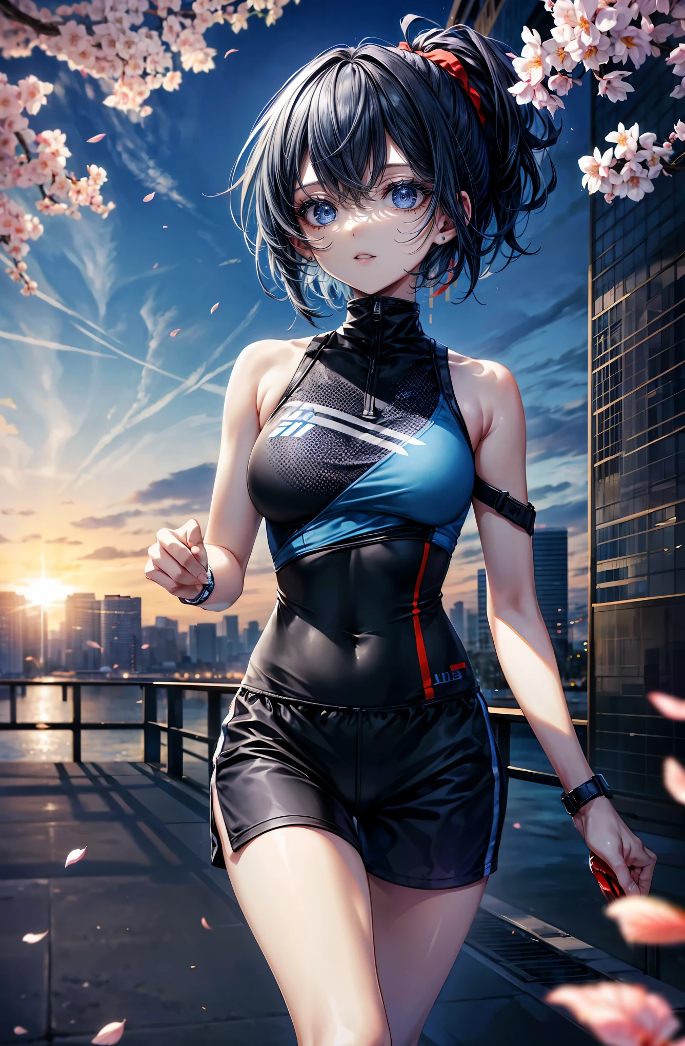 Hyper Quality、8K quality、High resolution、Image quality captured with a single-lens reflex camera、(software)、Perfect Anatomy、(Black Grey Short Hair、Shoulder-length hair:1.2)22 year old beauty.Mature face、blue eyes(Sharp look:1.4)(Good shape and normal breasts)
BREAK
(Wear a blue sporty outfit with lines、running shoes:1.3)
Look to the side(Perfect Anatomy:1.4)break(watch the sunrise、cherry blossoms、Looking away:1.2)(The orange morning sun is dazzling🌇:1.3)(緑の芽が付いたcherry blossoms並木がある公園、Next to the lake:1.1)