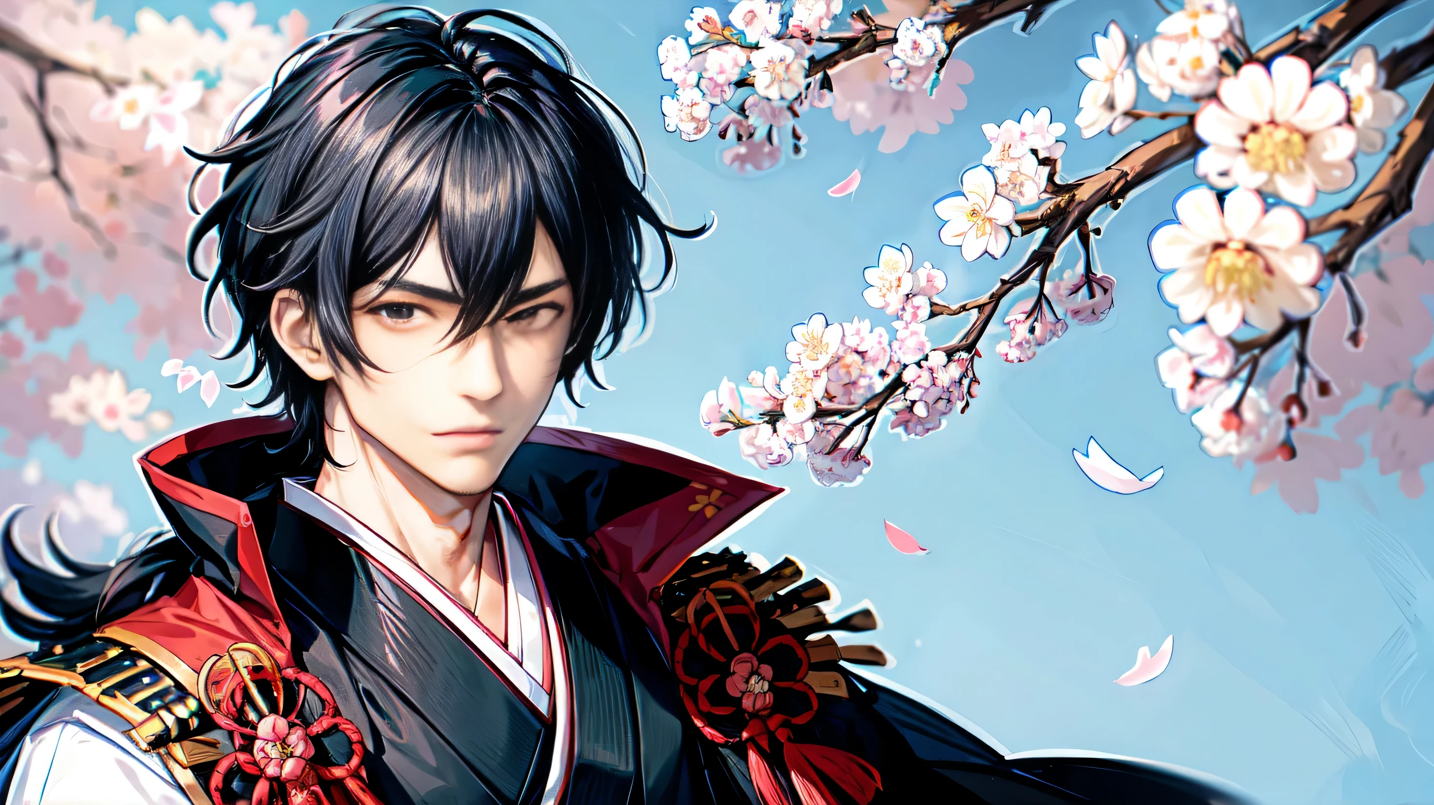 1 male,black hair,(masterpiece,highest quality:1.4),(sketch:1.2),(Japanese style:1.4),Handsome guy,cherry blossoms,samurai,trendy