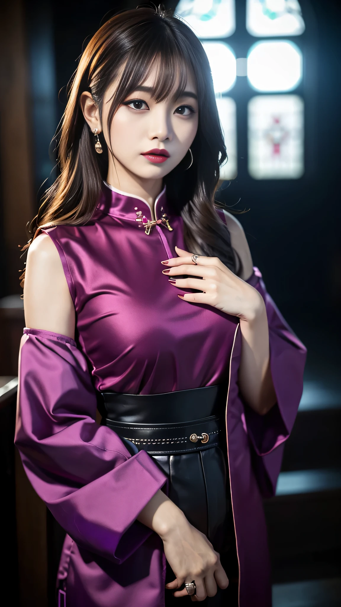 tra-detailed、Japanese、Attractive beauty、seductive adult woman、Pretty Woman、cool girl、brown hair、wavy hair、swept bangs、piercing eyes、hollow eyes、half-closed eyes、Hollow Eyes、Purple Eyeshadow、black lipstick、black lip gloss、dark makeup、smirk、Whisper in my ear、Evil expression、Long Black Cheongsam、Black wide sleeves、Evil cadres、Fallen into evil、brainwash、mind control、evil、Church at night、Swear allegiance、Have lipstick、Are standing