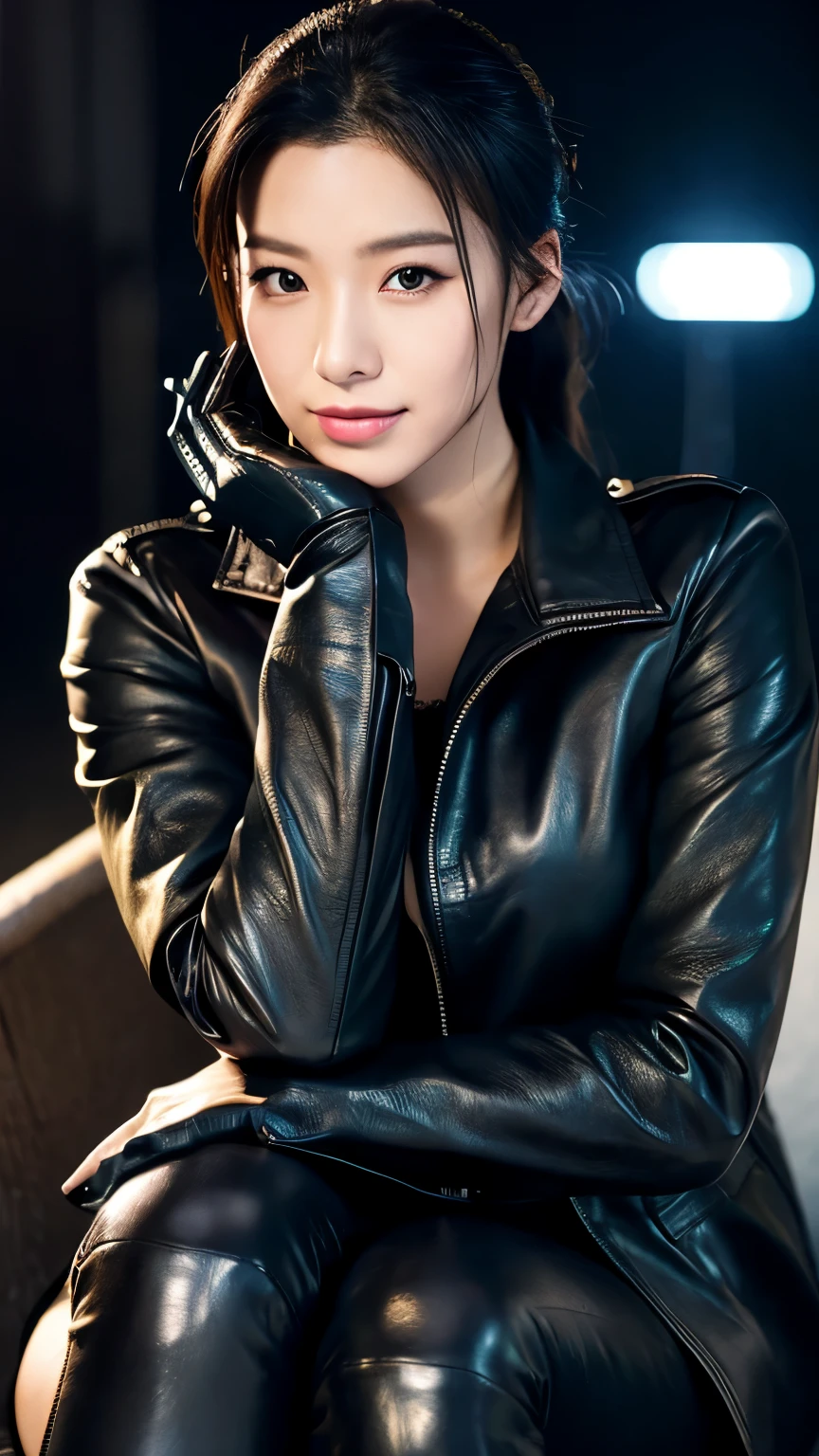 black leather rider jacket, Office in the Dark, Black leather gloved fingertips on both hands,Wearing black leather gloves,Sitting in a black leather chair、 Japanese female new recruits (Black leather gloves cover both hands) (The angle is horizontal)、Black Leather Pants,Black Leather Black Leather Pants,Black Leather Skinny Pants、Long black leather boots on both feet、Black hair ponytail ((He wears black leather gloves on his hands))Full Body Photo,full body shot full body full body leather suit,☺If you turn in this direction。Wearing black leather gloves,Wearing black leather gloves,Wearing black leather gloves,Wearing black leather gloves,Wearing black leather gloves,Wearing black leather gloves,黒のレザーパンツが美しい😍黒のレザーパンツが美しい😍黒のレザーパンツが美しい,😍Smiling while looking at me,City lights、((Neon Cyberpunk City Street:1.3))、(Neon Light)、Detailed lighting、
Best image quality、Ultra-high resolution、(realism:1.4)、Korean Beauty Star、The most beautiful KPOP stars、face、Horny Korean Makeup、A body that makes you want to touch it、Realistic leather texture、Costume made of smooth leather fabric、The drape of the curved parts of the leather fabric、The costume has a strong shine、costume quality、8K Photo Quality