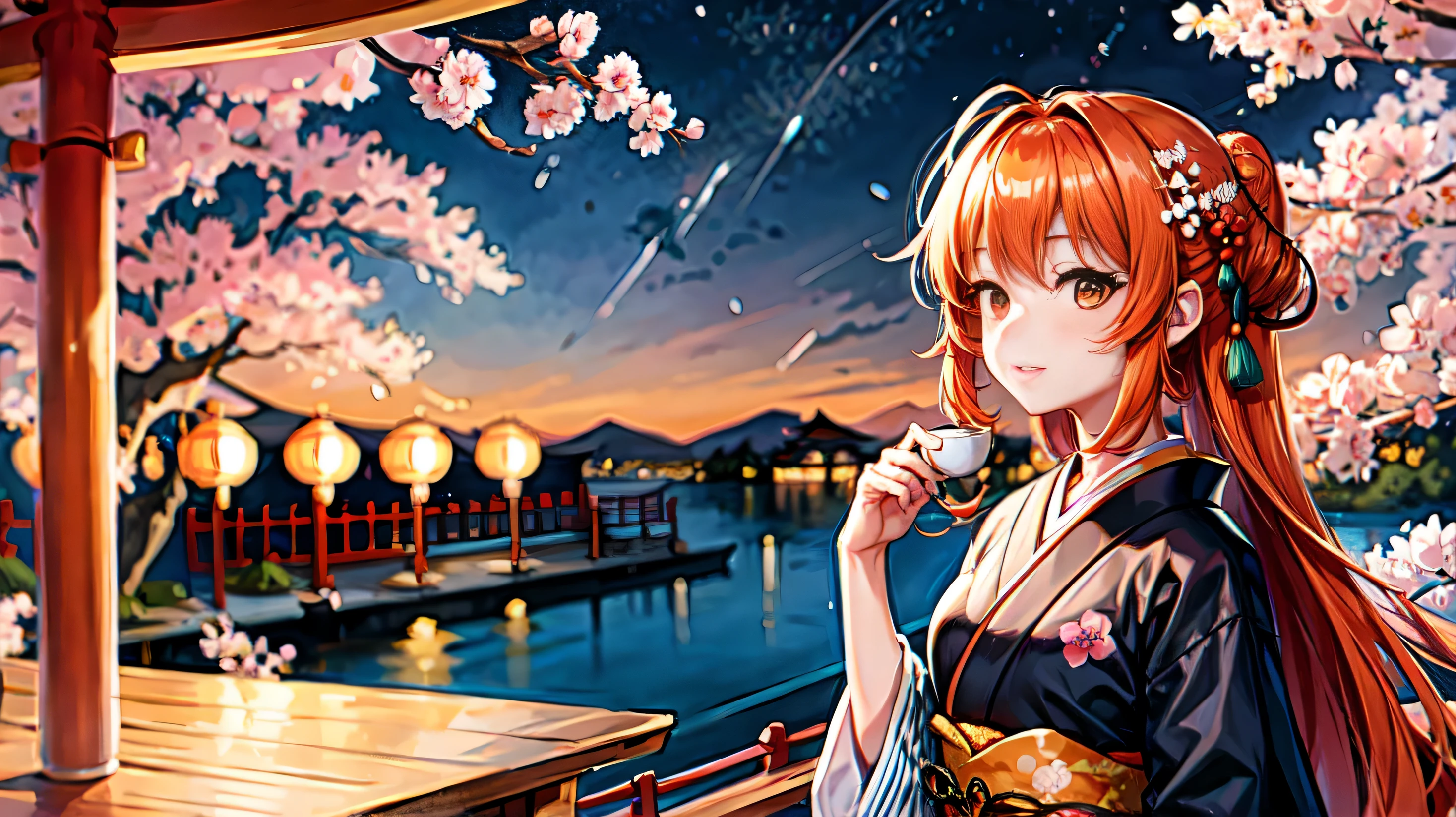 1 girl,orange hair,long hair (sketch:1.2),High definition, (midnight:1.4),(Japanese style:1.4),cherry blossoms,princess,trendy