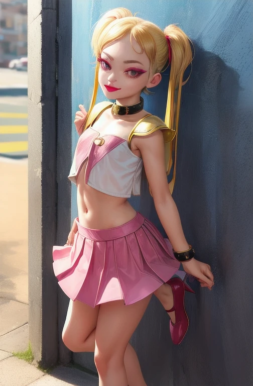 1girl,solo,(shiny clothes),(pink strapless),tight dress, midriff,pencil skirt,highleg,green skirt, twintails, (loli:1.8),eyelashes, (makeup:1.4),(lipstick:1.4), (night:1.3), flat chest, pink eyes, blonde hair, smirk, alley,against wall, partially visible vulva, navel, legs apart, cleft of venus,shoulder bag, high heels, animal collar, facing viewer,