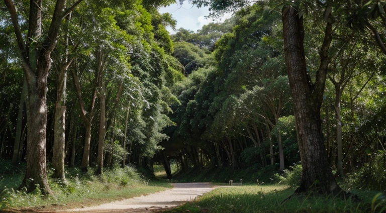 Descreva uma cena exuberante e vibrante, where vegetation flourishes and life manifests itself in all its splendor. The landscape depicts a natural environment full of lush vegetation, with plants and trees that have reached their full growth, exibindo uma beleza majestosa.