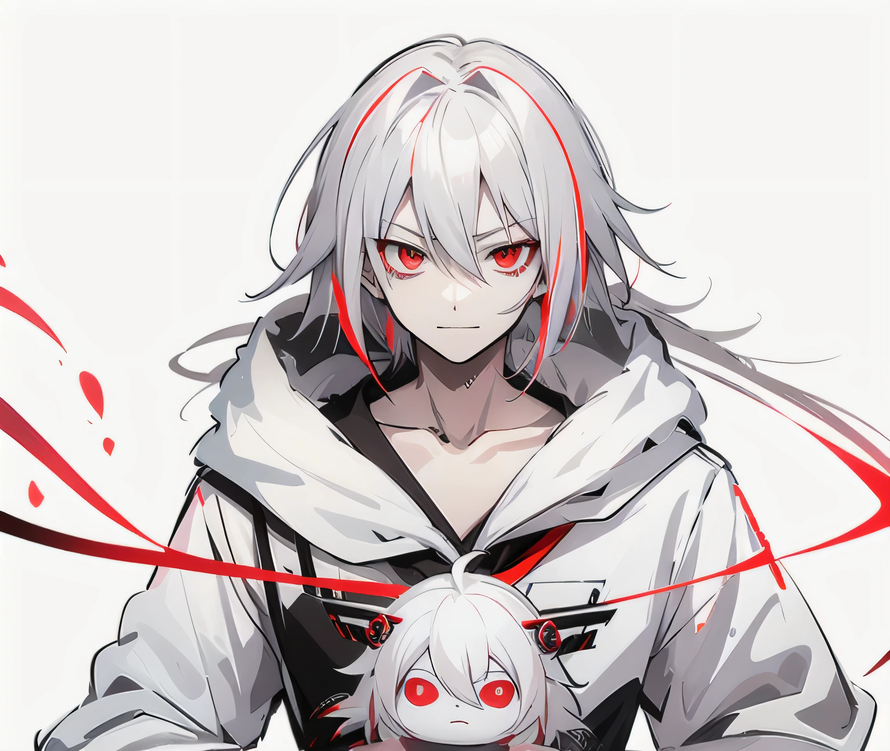 anime character with red eyes and white hair, with glowing red eyes, he has dark grey hairs, with red glowing eyes, roguish smirk, hajime yatate, a silver haired mad, neferpitou, white haired, gapmoe yandere, nagito komaeda, ayanami, white haired deity, his eyes are red and glowing