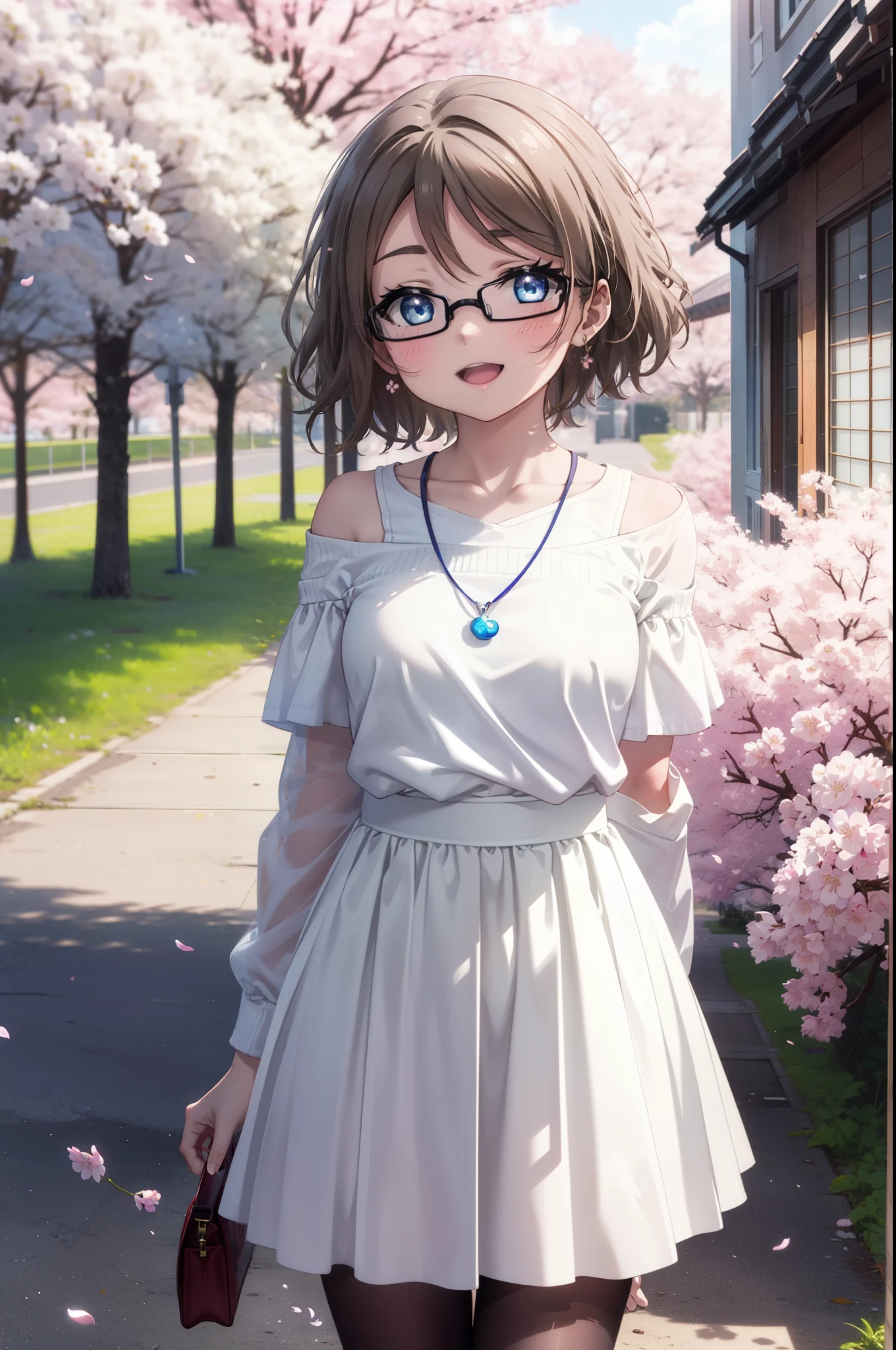 Yowatanabe, Watanabe Yo, short hair, blue eyes, brown hair, Black-rimmed glasses,hair band,Rocket Pendant,Off-the-shoulder sweater,Bare shoulders,Bare neck,bare clavicle,Long skirt,Black pantyhose,short boots,Cherry blossoms are blooming,Cherry blossoms are scattered,Cherry blossom tree-lined path,happy smile, smile, Open your mouth,whole bodyがイラストに入るように,walking,
break outdoors, School　School building,
break looking at viewer, whole body,(Cowboy Shot:1.5),
break (masterpiece:1.2), highest quality, High resolution, unity 8k wallpaper, (figure:0.8), (Beautiful fine details:1.6), Highly detailed face, Perfect lighting, Highly detailed CG, (Perfect hands, Perfect Anatomy),