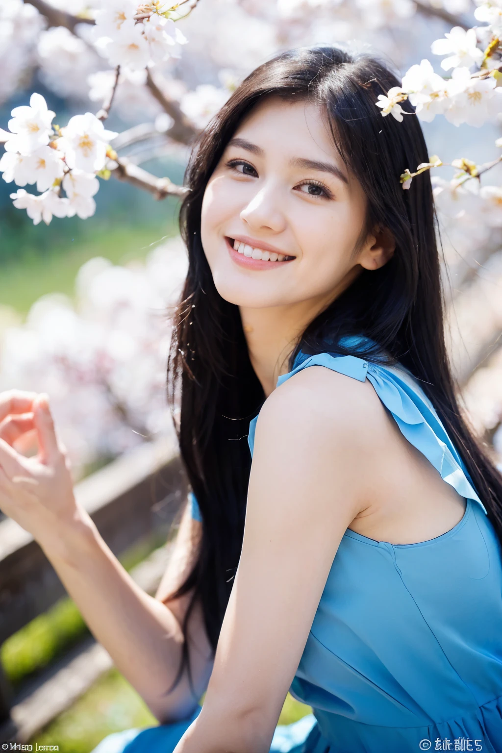 ((Highest Age: 30s、Long black hair、Wearing a blue dress、Woman looking at cherry blossoms with a smile)), ((masterpiece)), (detailed), Perfect Face、whole body、