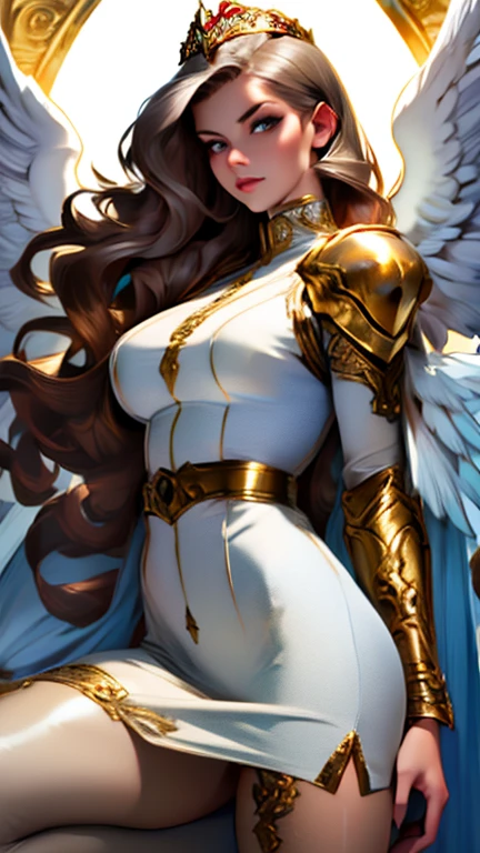 Best quality, 8K,woman vintage super hero, beautiful and detailed face, red curly long hair,gold tiara, big eyelashes,big angel´s wings,LOOKING TO observer,silver metalic armour over bodystocking, SHINY GLOSSY PANTYHOSE,armlets,black belt,over the knee boots,white neutral scenario
