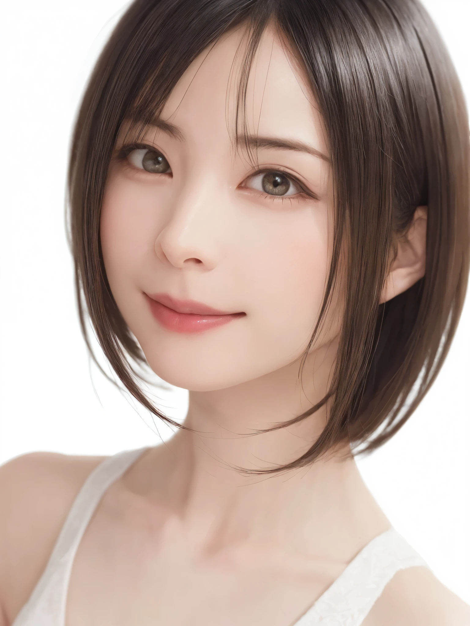 1 girl, alone, Shiny skin, chest, very detailed, ultra detailed, Ultra-high resolution, whole body, (フォトrealism:1.6、Put out your ears), (highest quality), (Best Shadow),realism:1.6 details, Perfect lighting, Black Hair, ((Showpiece, highest quality, High precision、Beautiful face in symmetry、golden ratio)), One Girl, (big chest, Realistic: 1.4), (look up at the camera even a little, カメラをlook up, look up, look up at the camera, Looking into the camera))), alone, , White Background, snow-White Background, shut up., smile, pretty Black Hair, short hair, Big eyes, Transparent double eyelids, eyelash, listen, Long neck, Long neck, Absolute area, ((Face close-up, short hair with bangs)), 19 years old, Attractive proportions, Shiny skin, Beautiful clavicle, Golden ratio face, Perfect Face, Teardrop-shaped mole, chestのほくろ, bangs, clean bangs, beautiful bangs, Lip gloss, Thin lips, White skin, I took off my clothes, big chest, Small face, Small face, 少し上を向いてLooking into the camera, ((smile a little for the camera, really nothing pure White Background, very big big chest, big chest))