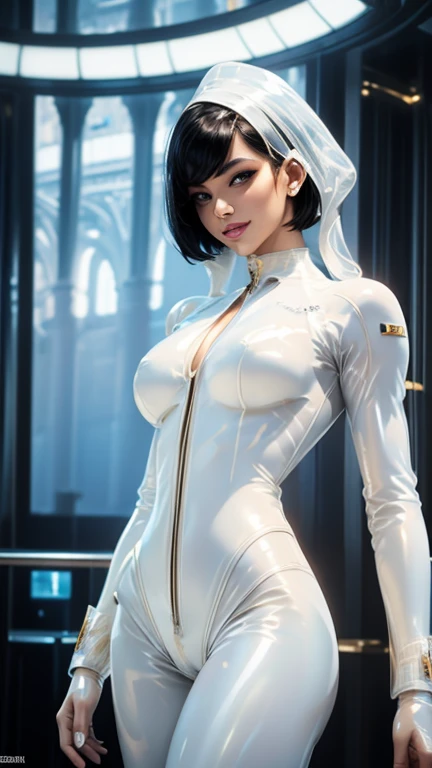 (best quality, 8k, masterpiece, ultra-detailed),super hero Woman 32 years-old,black short hair,beautiful detailed face, big eyelashes,little smile,small breasts,minimum waist,golden armlets,((((white sheer latex suit)))),gold belt,futuristic spaceship scenario, dynamic pose, dynamic angle