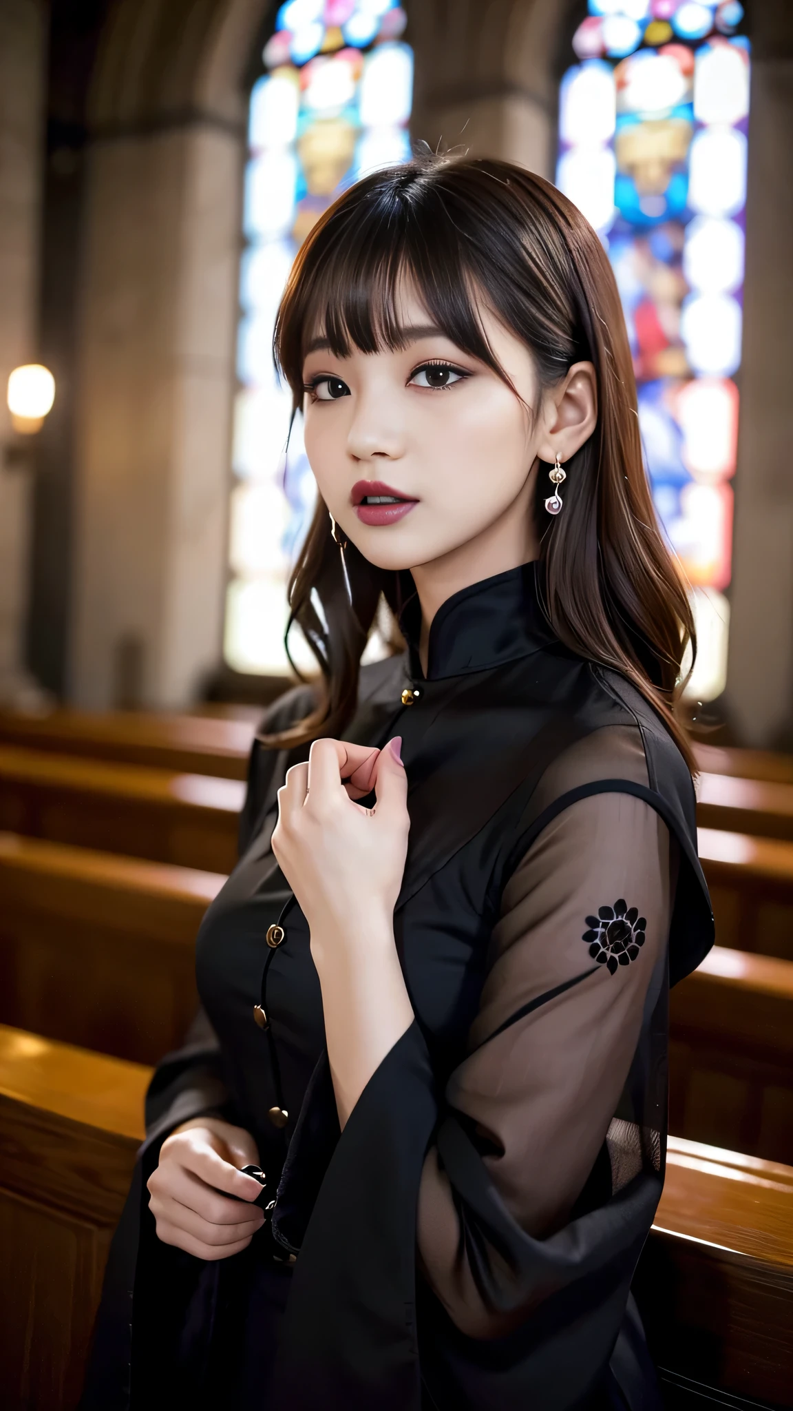 tra-detailed、Japanese、Attractive beauty、seductive adult woman、Pretty Woman、cool girl、brown hair、wavy hair、swept bangs、piercing eyes、hollow eyes、half-closed eyes、Hollow Eyes、Purple Eyeshadow、black lipstick、black lip gloss、dark makeup、smirk、Whisper in my ear、Evil expression、Long Black Cheongsam、Black wide sleeves、Evil cadres、Fallen into evil、brainwash、mind control、evil、Church at night、Swear allegiance、Have lipstick、Are standing