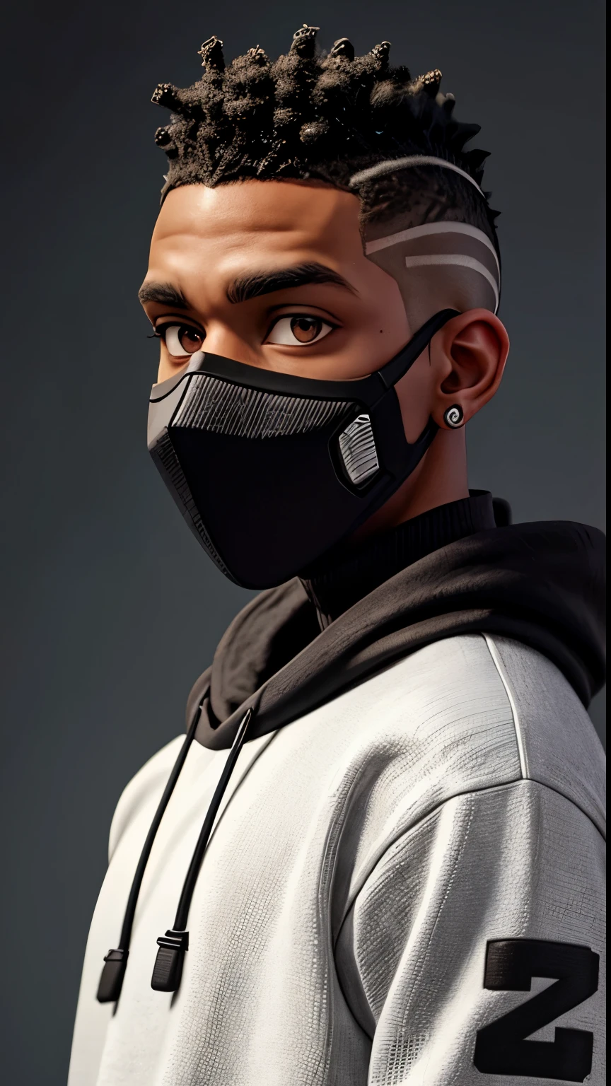 black man character, with mohawk hair, diamond earrings in his ear, with a black and white sports sweater, a cyberpunk-style robotic mask covering his mouth, with beautiful brown eyes from the front.
