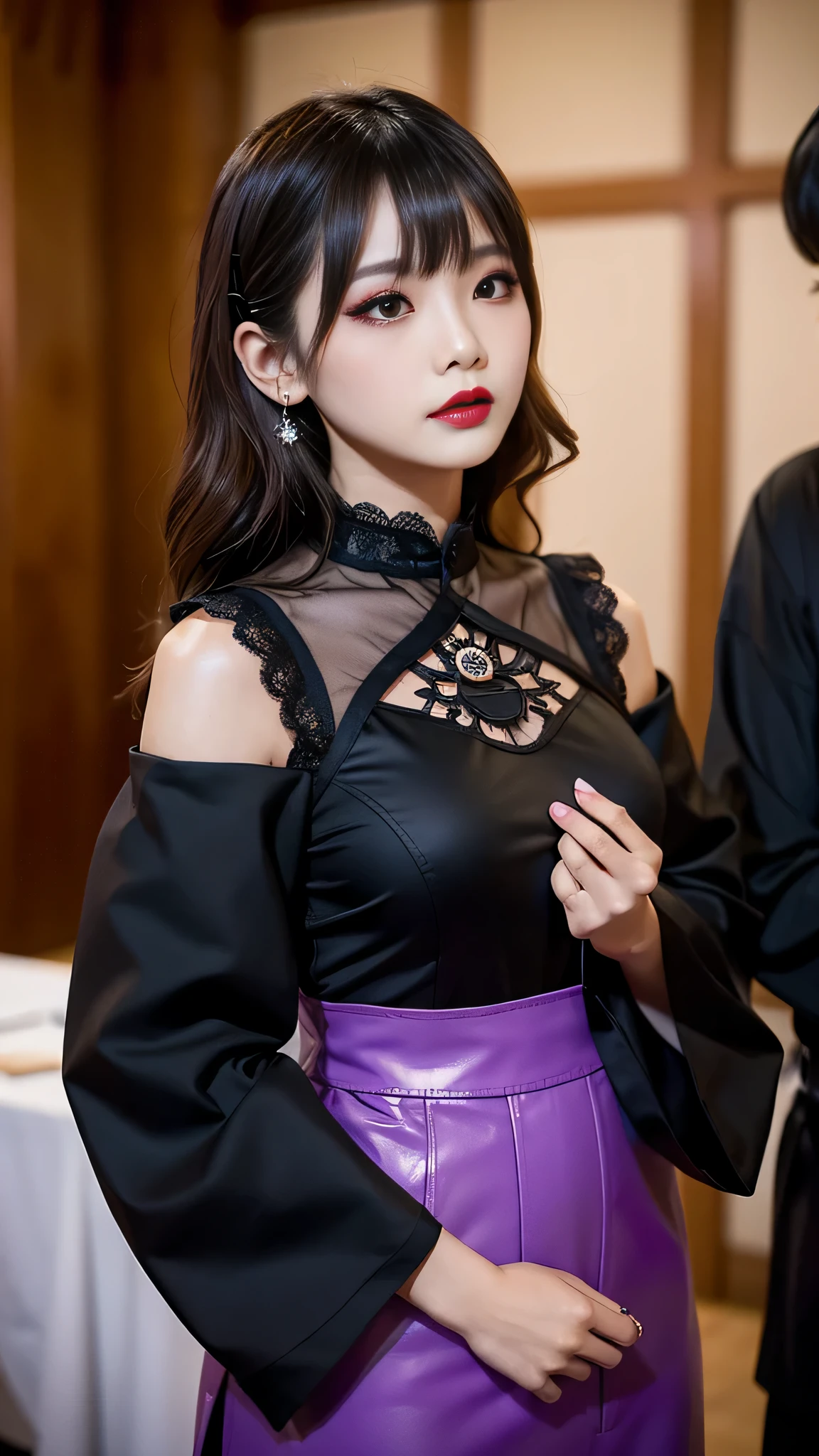 tra-detailed、Japanese、Attractive beauty、seductive adult woman、Pretty Woman、cool girl、brown hair、wavy hair、swept bangs、piercing eyes、hollow eyes、half-closed eyes、Hollow Eyes、Purple Eyeshadow、black lipstick、black lip gloss、dark makeup、smirk、Whisper in my ear、Evil expression、Long Black Cheongsam、Black wide sleeves、Evil cadres、Fallen into evil、brainwash、mind control、evil、Church at night、Swear allegiance、Have lipstick、Are standing