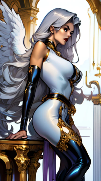 Best quality, 8K,woman vintage super hero, beautiful and detailed face, red curly long hair,gold tiara, big eyelashes,big angel´s wings,LOOKING TO observer,silver metalic armour over bodystocking, SHINY GLOSSY PANTYHOSE,armlets,black belt,over the knee boots,white neutral scenario