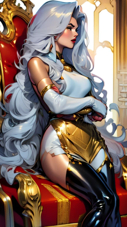 Best quality, 8K,woman vintage super hero, beautiful and detailed face, red curly long hair,gold tiara, big eyelashes,big angel´s wings,LOOKING TO observer,silver metalic armour over bodystocking, SHINY GLOSSY PANTYHOSE,armlets,black belt,over the knee boots,white neutral scenario