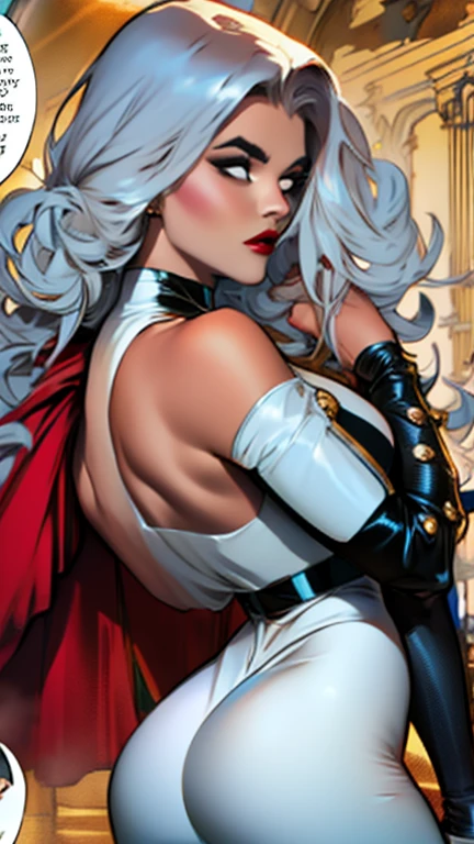 foreshortening,  CARTOON_lady_death_bikini_ownwaifu, facing front,bored, mascara, blank_eyes,long hair,breasts,white hair,makeup,colored skin,navel,lipstick,large breasts,wavy hair,white skin,lips,curly hair,red lips,very long hair,toned, cape, sword, narrow_waist, curvy,pale skin, thick_eyelashes, thick eyebrows, big hair, blue background