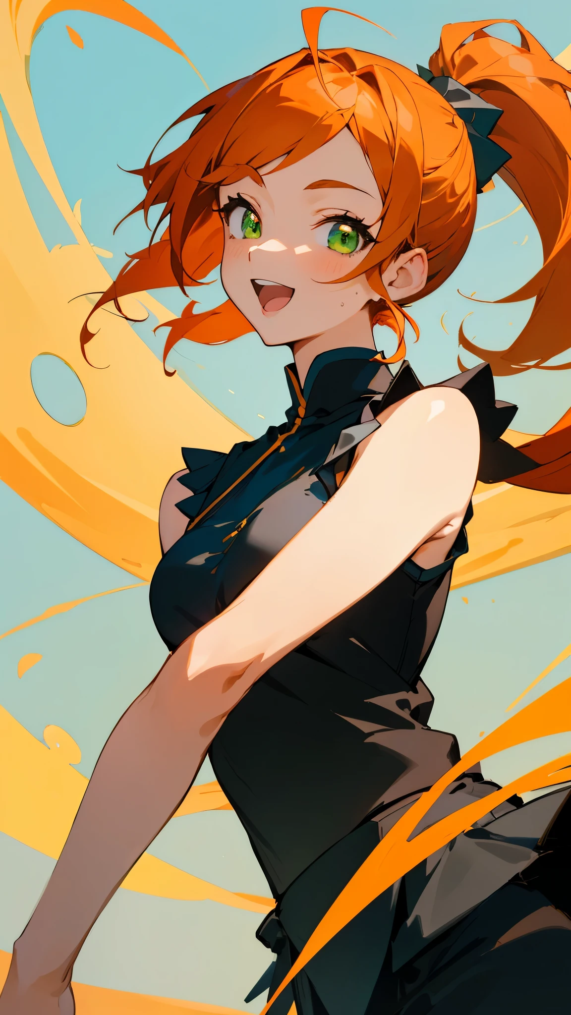 masterpiece、highest quality、1 girl、anime painting、Orange Hair、beautiful green eyes、Side Ponytail、Sleeveless shirt、Black Skirt、Upper body close-up、From the side、smile、Open your mouth、Sharp contours