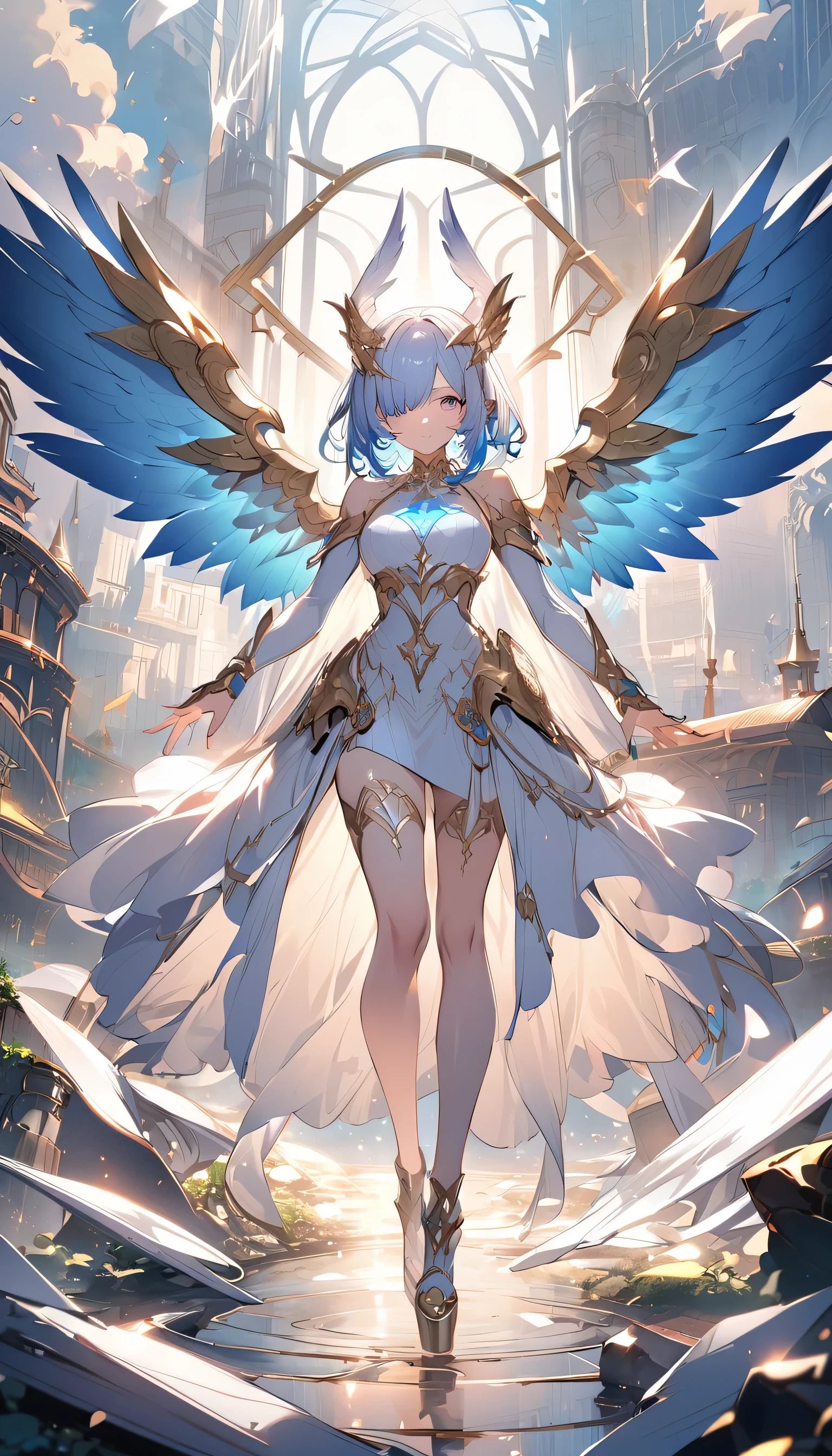 It looks like a holy-looking monster angel,Todo o seu corpo consiste em um enorme olho caolho,and metal rings around the one-eyed eyes,The ring is full of eyes,Dragons have many wings on white sacred angel