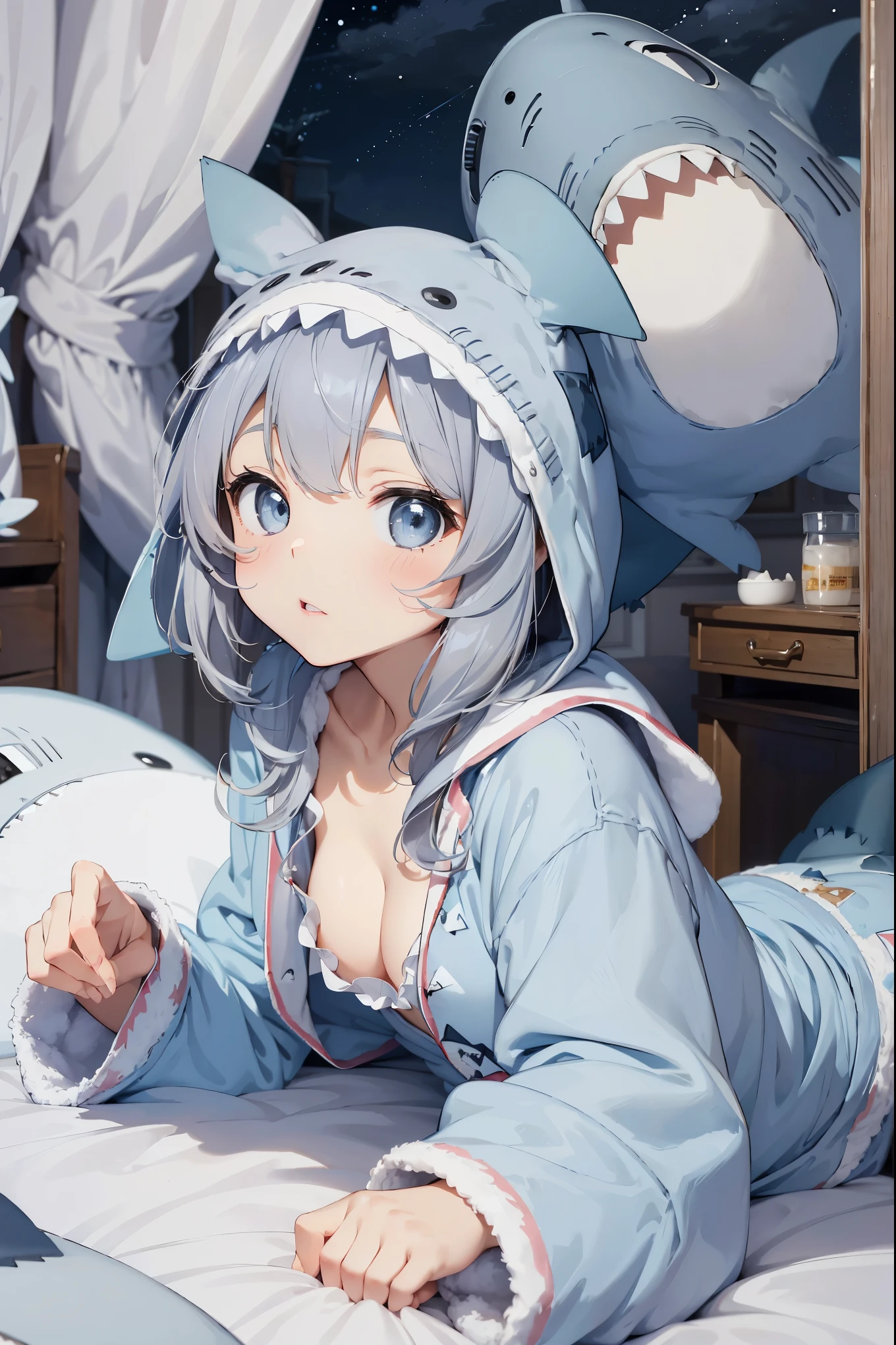 a bit, Nendoroid, ((Worst quality, low quality)), ((close), profile,1.5 Left Facing), (10 year old girl), Gray Hair, (Fluffy shark costume pajamas:1.4), (open income:1.2), (Pale light blue pajamas:1.4), Animal Hoodie, (Hooded:1.Under the hoodie, Oversized hoodie, Five Fingers, Perfect hands, 深Bedroom at nightの背景, Sleep on the bed、Stick out your hand、Pose that you want to hug、highest quality,Very detailed, masterpiece,Bedroom at night、Bedroom at night、Sleeping on the bed、Small cleavage、Half-open eyes、sleepy look