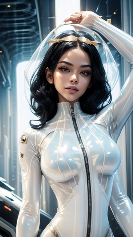 (best quality, 8k, masterpiece, ultra-detailed),super hero Woman 32 years-old,black hair,beautiful detailed face, big eyelashes,little smile,small breasts,minimum waist,golden armlets,((((white sheer latex suit)))),gold belt,futuristic spaceship scenario, dynamic pose, dynamic angle