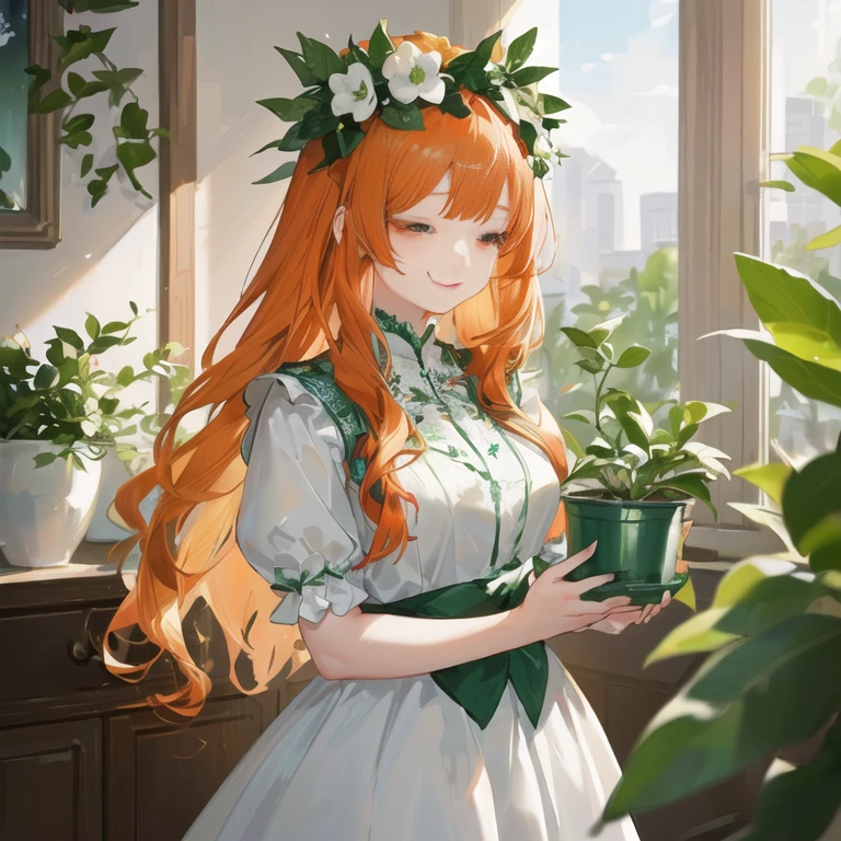 anime girl with long red hair holding a potted plant, marin kitagawa fanart, painted in anime painter studio, guweiz on pixiv artstation, zerochan art, cute anime waifu in a nice dress, guweiz on artstation pixiv, maiden with copper hair, trending on artstation pixiv, render of april, beautiful anime portrait