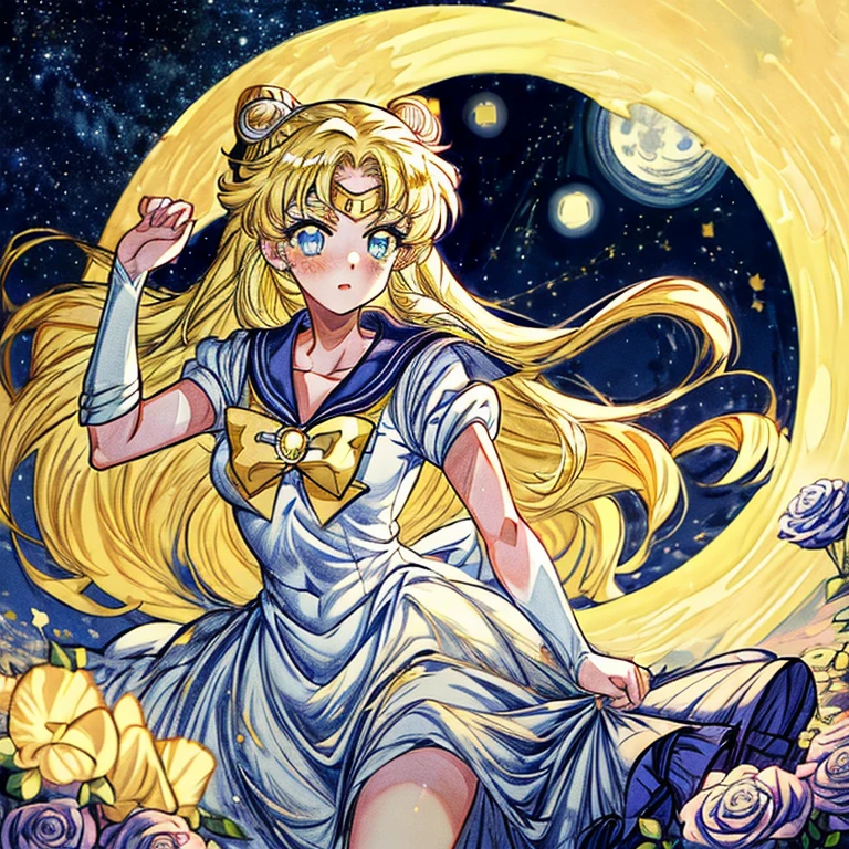 Masterpieces, high quality, anime, 2D, sailor moon, female, yellow golden hair, blue eyes, white dress, sweet face, the most pretty girl, starry night sky with big full moon background, field of roses