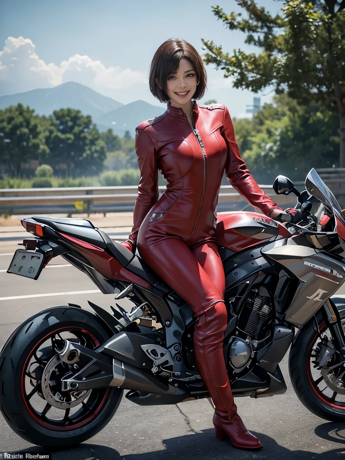 smile、One beautiful Asian woman、Blonde short bob hair、Small face、Model proportions、Riding a motorcycle on the road、Long sleeves and pants、Red racing leather suit