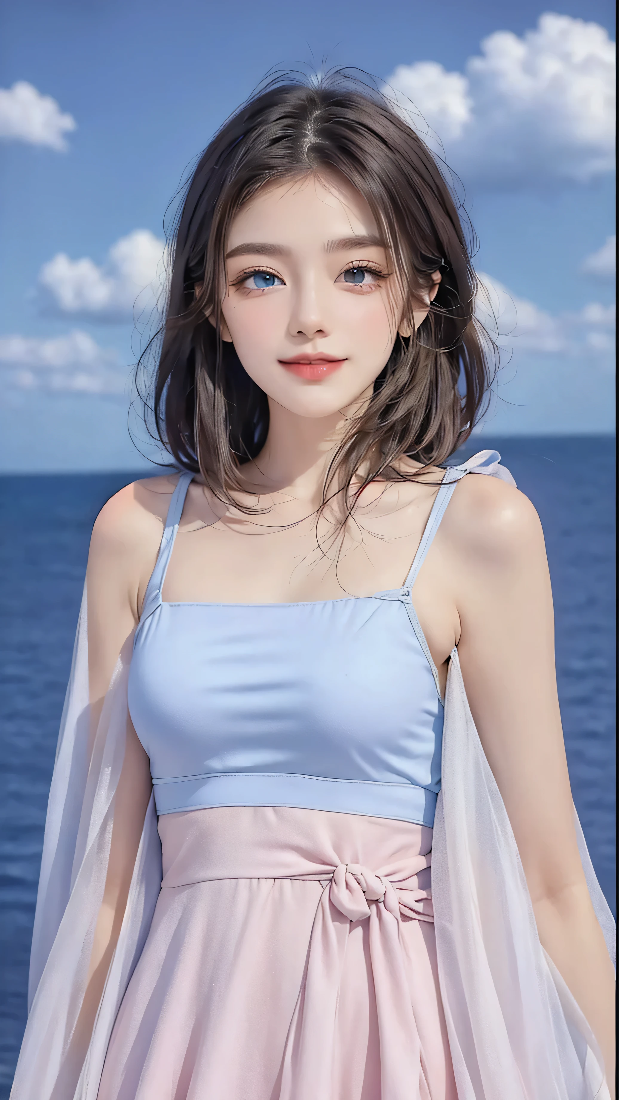 Please keep looking at me、Bright screen、light brown medium bob hair、8K、outdoor、blue sky、Upper body、Photographed alone、40 years old、smile、