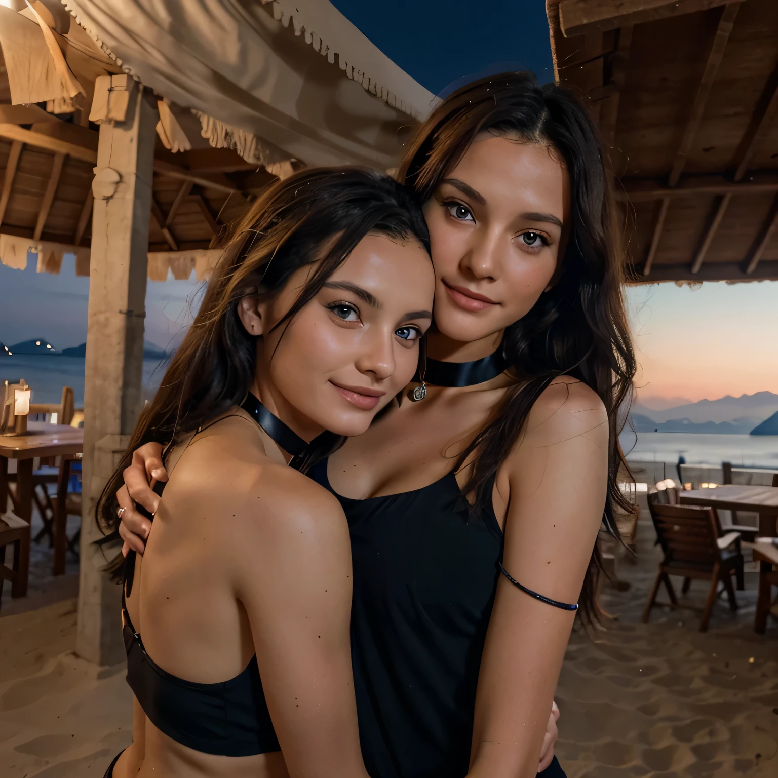 Albanian, girl, brown hair, blue eyes, peach top, 40DD, Corfu, moonshine, beach clothes, glowing eyes, beautiful skyline, feeling sensitive, beautiful smile, wearing a black choker, with best friend with long black hair, with friend hugging, panoramic view