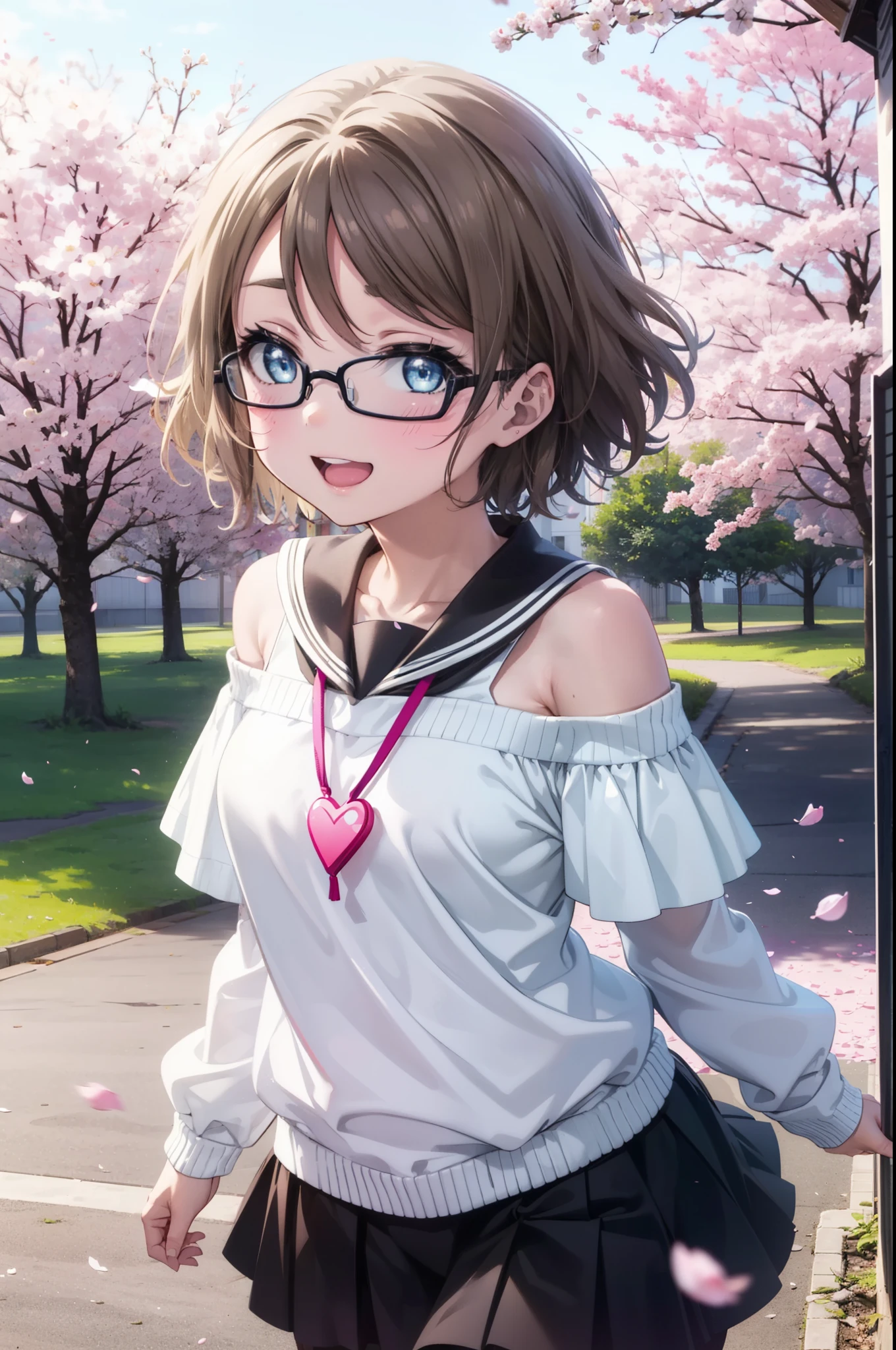 Yowatanabe, Watanabe Yo, short hair, blue eyes, brown hair, Black-rimmed glasses,hair band,Rocket Pendant,Off-the-shoulder sweater,Bare shoulders,Bare neck,bare clavicle,Long skirt,Black pantyhose,short boots,Cherry blossoms are blooming,Cherry blossoms are scattered,Cherry blossom tree-lined path,happy smile, smile, Open your mouth,whole bodyがイラストに入るように,walking,
break outdoors, School School building,
break looking at viewer, whole body,(Cowboy Shot:1.5),
break (masterpiece:1.2), highest quality, High resolution, unity 8k wallpaper, (figure:0.8), (Beautiful fine details:1.6), Highly detailed face, Perfect lighting, Highly detailed CG, (Perfect hands, Perfect Anatomy),