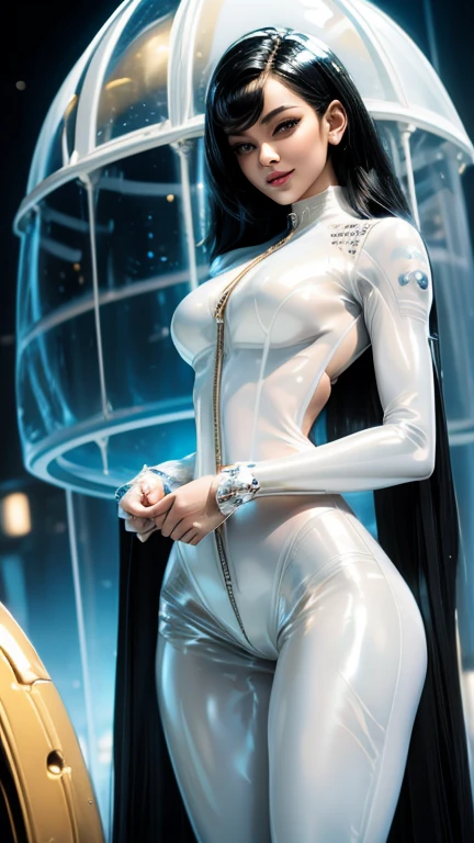 (best quality, 8k, masterpiece, ultra-detailed),super hero Woman 32 years-old,black hair,beautiful detailed face, big eyelashes,little smile,small breasts,minimum waist,golden armlets,((((white sheer latex suit)))),gold belt,futuristic spaceship scenario, dynamic angle