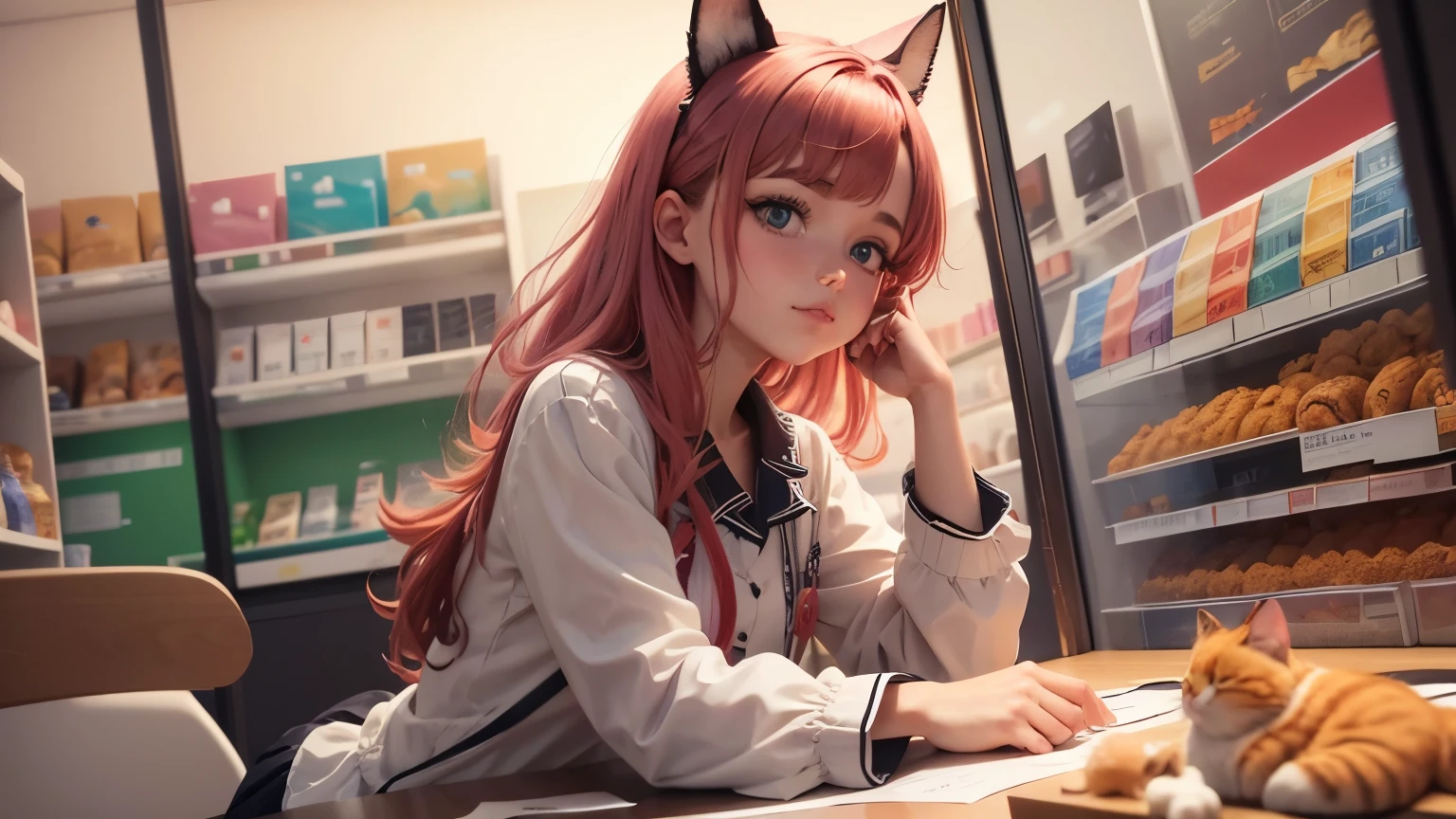 theme du jeux video PET SHOP SIMULATOR, jeux videos de simulation de magasin animalerie, qui attire l'oeil et dont les gens ne pourrons s empecher de clique deçu! Je veux une charmante vendeuse et un patron homme, et un chat en premier plan. Je veux que ce soit realiste, photo 4K, couleur attrayante