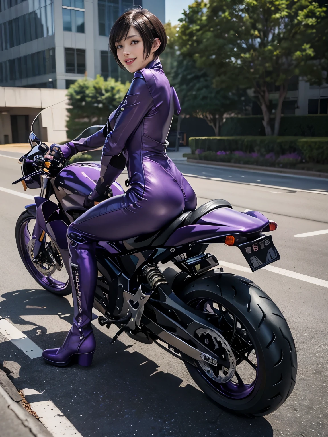(Realistic:1.5), (Realistic:1.4), 8k, Ultra-high-definition beauty 1 person, Exquisite body detailing, (highest quality: 1.0), (Super sharp cutting edge: 1.0), (Beautiful and delicate depiction of eyes), ((((Riding a motorcycle)))), Unreal Engine:1.4, photoRealistic:1.4, Skin Texture:1.4, masterpiece:1.8,highest quality at best, ((full body shot))、(((Purple leather jumpsuit and racing boots)))、Long limbs、(((smile)))、((short hair))