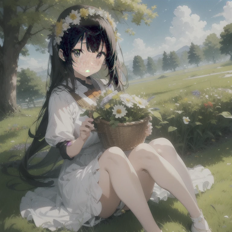 anime girl sitting on the grass holding a basket of flowers, hestia, guweiz, guweiz on pixiv artstation, artwork in the style of guweiz, guweiz on artstation pixiv, anime moe artstyle, with flowers, sitting with flowers, smooth anime cg art, in a field with flowers, beautiful anime girl