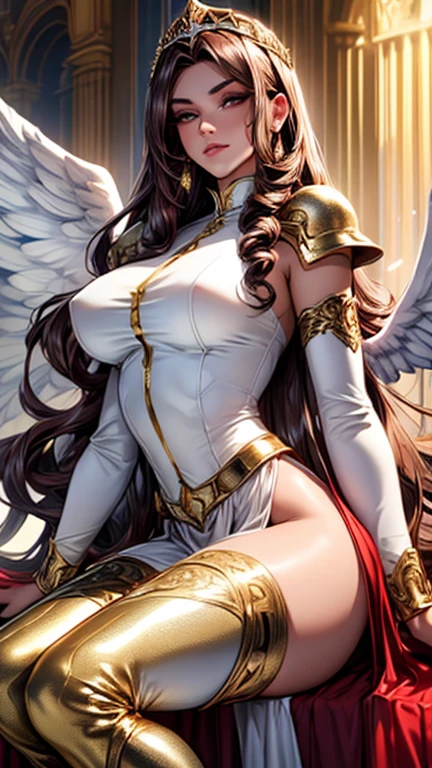 Best quality, 8K,woman vintage super hero, beautiful and detailed face, red curly long hair,gold tiara, big eyelashes,big angel´s wings,LOOKING TO observer,silver metalic armour over bodystocking, SHINY GLOSSY PANTYHOSE,armlets,black belt,over the knee boots,white neutral scenario