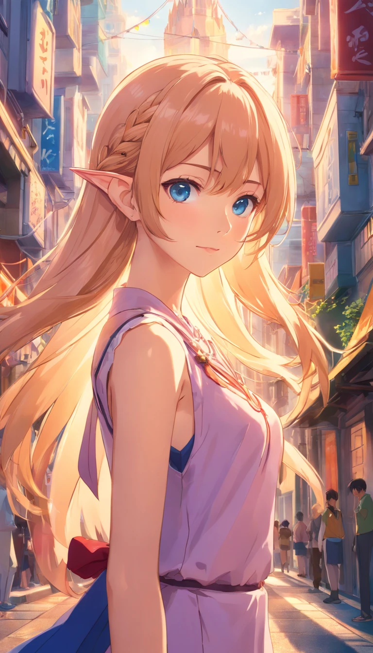 RAW, professional photograph, medium shot, photorealistic, hyper-realistic, ray tracing, super detail, UHD, 8k, female elf, twenty years old, goddess, gold jewelry, athletic body, soft facial features, long hair, straight hair, light pink hair, blue eyes, gothic style, dark Castle, gothic architecture