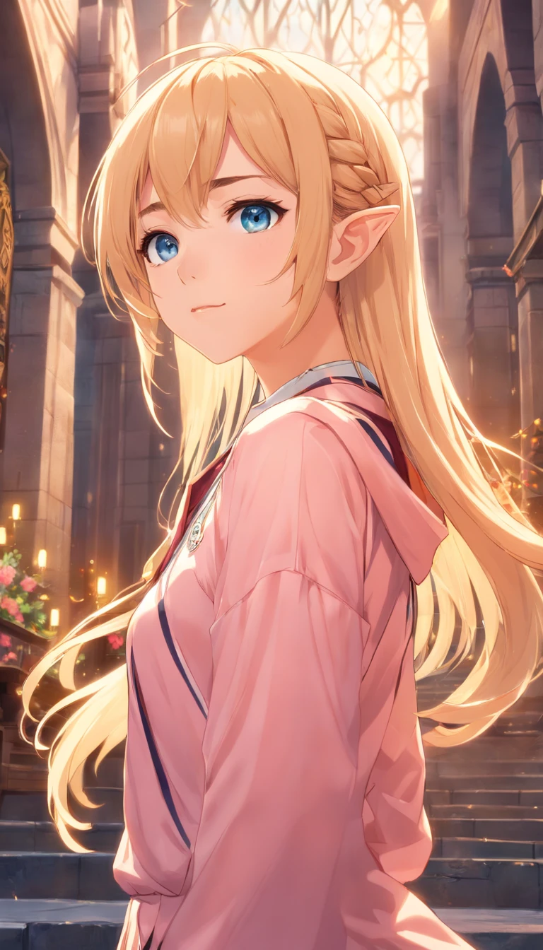 RAW, professional photograph, medium shot, photorealistic, hyper-realistic, ray tracing, super detail, UHD, 8k, female elf, twenty years old, goddess, gold jewelry, athletic body, soft facial features, long hair, straight hair, light pink hair, blue eyes, gothic style, dark Castle, gothic architecture