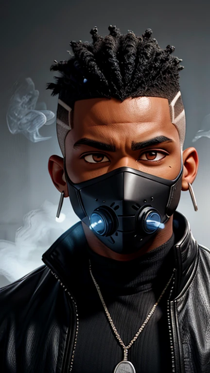 black man character, with mohawk hair, diamond earrings in his ear, with a black and white sports jacket, a cyberpunk-style robotic mask releasing smoke covering his mouth, with beautiful brown eyes from the front.