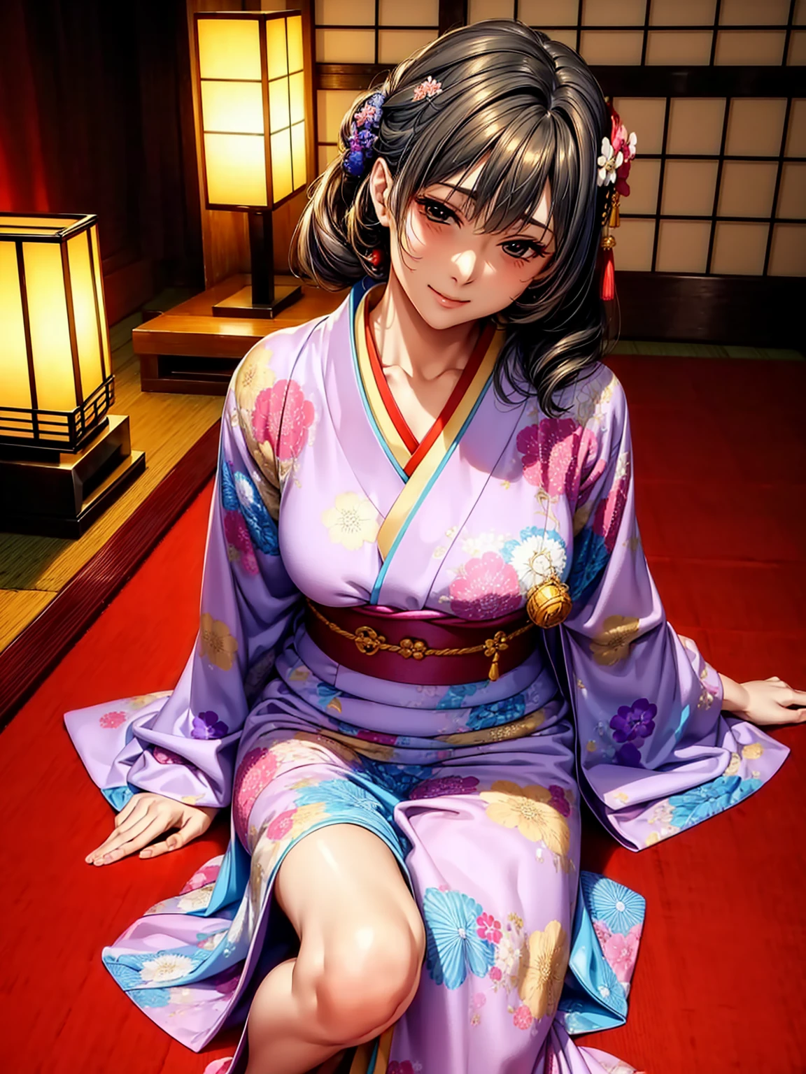 (((highest quality)))、(((masterpiece)))、Beautiful and elegant woman, Affectionate look, Beautiful body, Beautiful Face、Beautiful jawline, A kind smile, Attractive woman、Colorful yukata、Shoulders exposed、Traditional Japanese room、Tatami room、Tabletop,Raw photo、Photogenic,