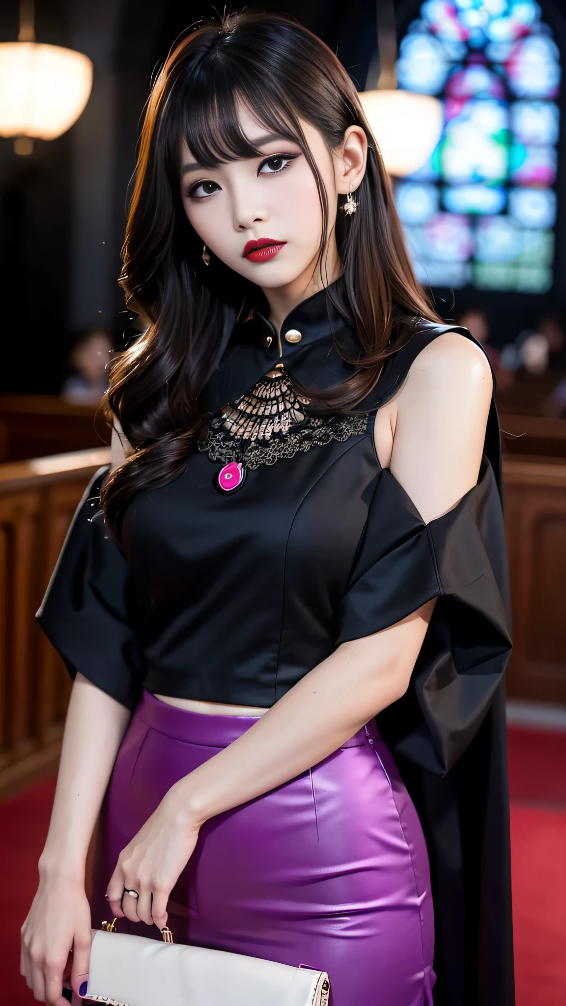 tra-detailed、Japanese、Attractive beauty、seductive adult woman、Pretty Woman、cool girl、brown hair、wavy hair、swept bangs、piercing eyes、hollow eyes、half-closed eyes、Hollow Eyes、Purple Eyeshadow、black lipstick、black lip gloss、dark makeup、smirk、Whisper in my ear、Evil expression、Long Black Cheongsam、Black wide sleeves、Evil cadres、Fallen into evil、brainwash、mind control、evil、Church at night、Swear allegiance、Have lipstick、Are standing