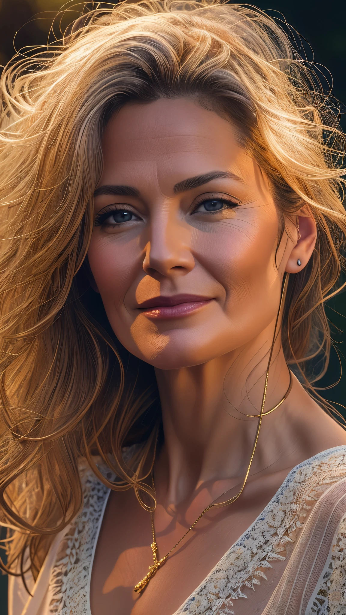 ((masterpiece, ultra detailed, 4k resolution, photo realistic)), photo of sexy (40 yo) woman model, slender body, slight wrinkled on her face, oversized loose v-neck cotton semi transparent blouse, sexy pose, protruding lights, little smile, outdoor