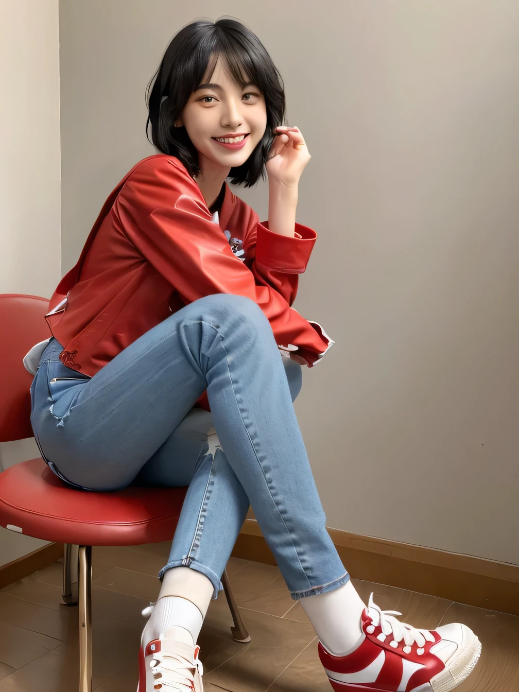 8k, Realistic, RAW Photos, highest quality:1.4), (Realistic face), (Black Hair、short hair、Beautiful Hairstyles、ear piercing、, smile、Beautiful teeth alignment、Beautiful little blue eyes, (Realistic skin texture), (Beautiful Skin),charm, Ultra-high resolution, Ultra-Realistic Skin, (Natural light)、Golden Ratio, ((smile)), ((full body shot)), (((Red trainer)))、((Skinny jeans、sneakers) Putting on socks、Chair sitting information