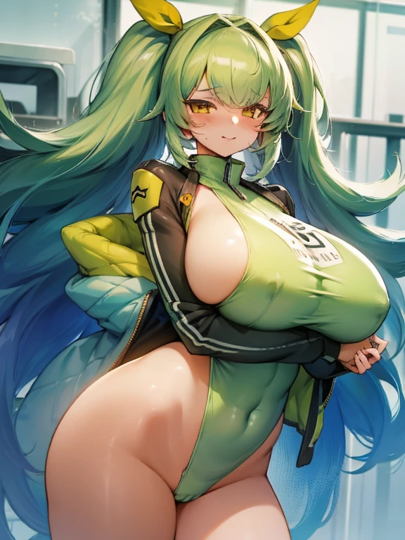 1girl, solo, , masterpiece, disproportionate breasts,chubby body ,gigantic breasts, sagging breasts, oppai, 13years, twintail hair, green hair, slanted eyes, orange eyes, gentle smile,
