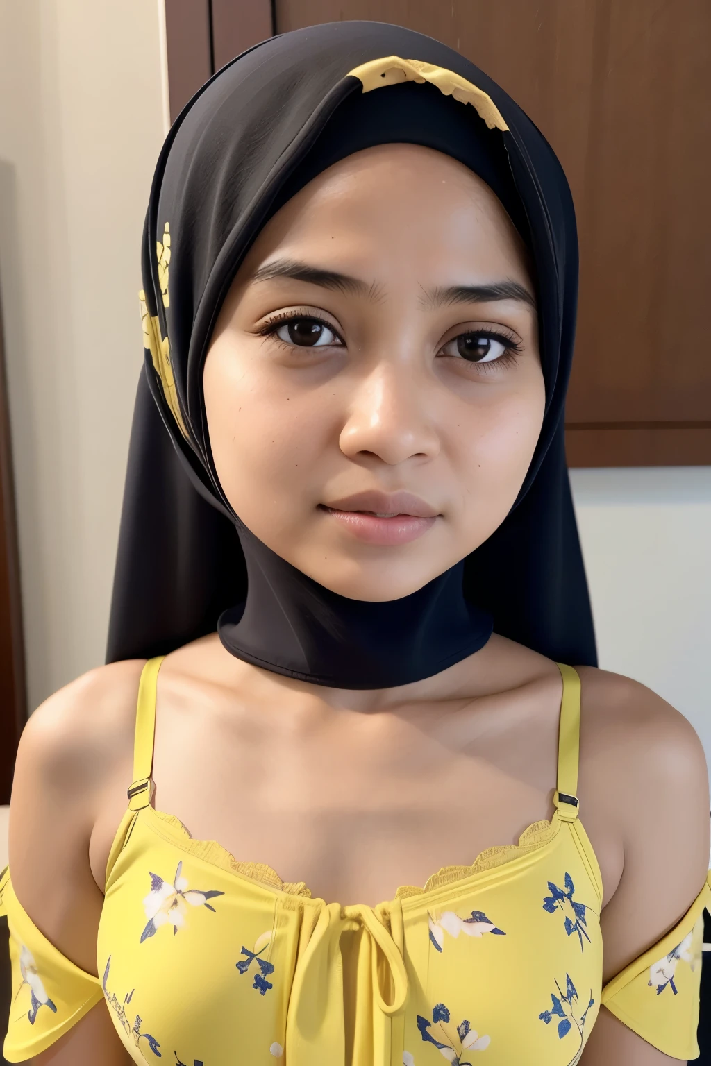 Naked, (((HIJAB MALAY GIRL))), masutepiece, High quality, UHD 32K, Realistic face, Realistic skin feeling , A Japanese Lady, 8 , , Very cute and baby-like face, (((FLAT CHEST))), (MATRIX WORLD), ((look In front at the camera and SADNESS)), ((())), (((CUTE GIRL))), ((YELLOW LIPS)), ((wering lingerie Bra Floral Pattern))